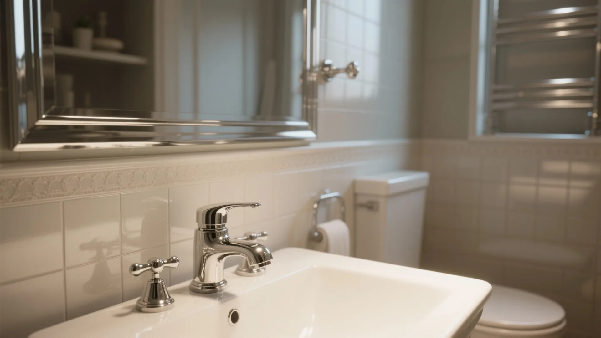Compact bathroom with polished chrome and soft nickel faucet reflecting light against neutral tiles
