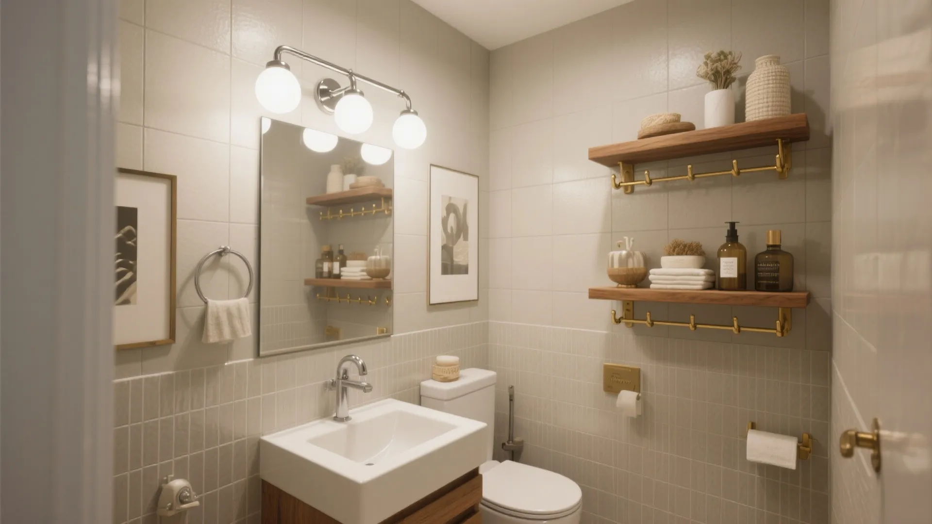 Modern bathroom with white sink wooden shelves wall light and toilet in neutral tile design