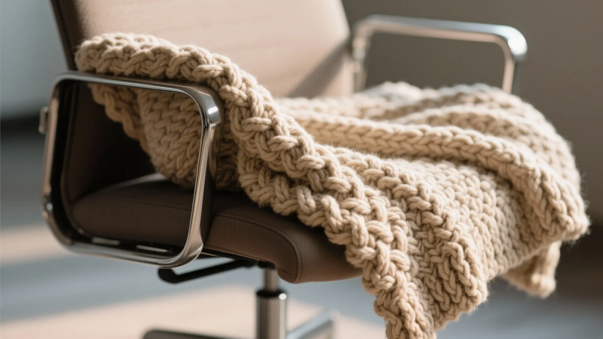 Close up of a beige heavy knit blanket draped over a modern brown office chair