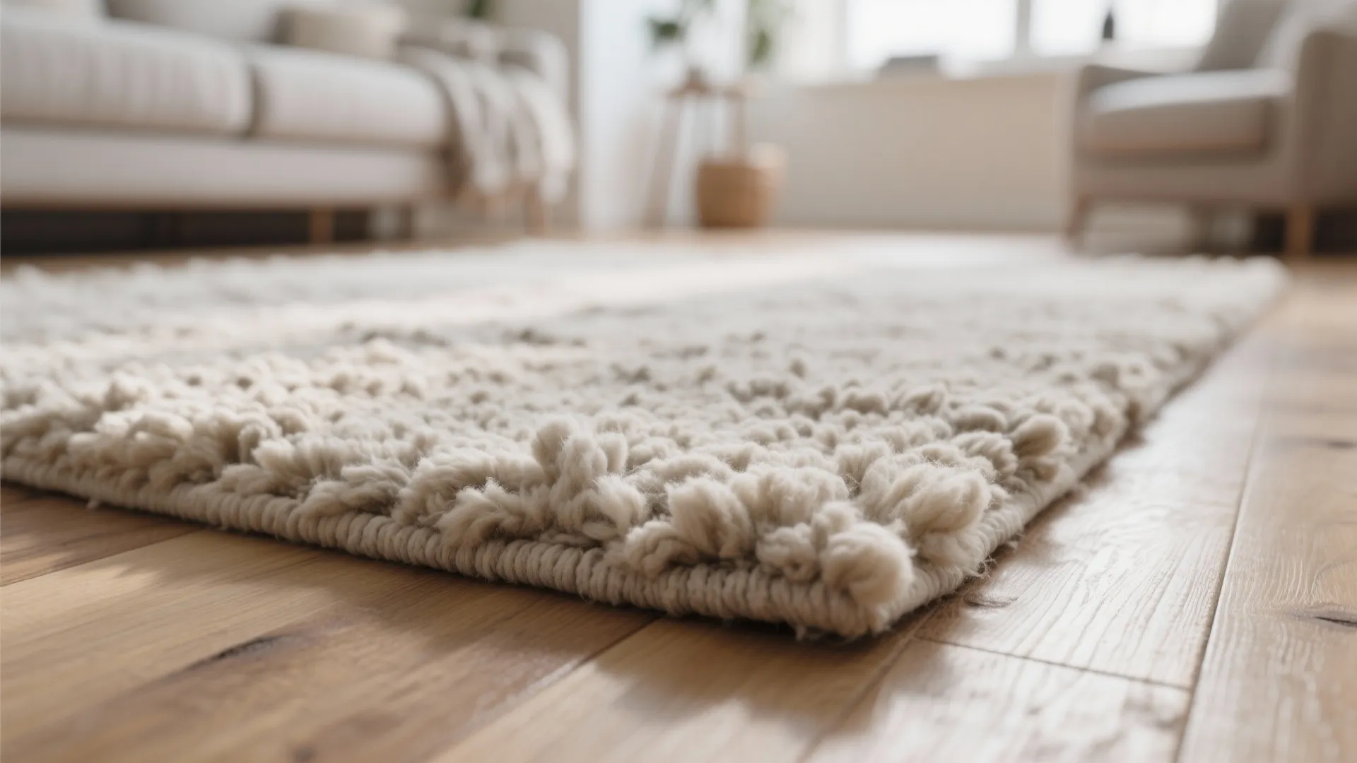 Thick white wool rug on a wooden floor with a sofa in the blurred background
