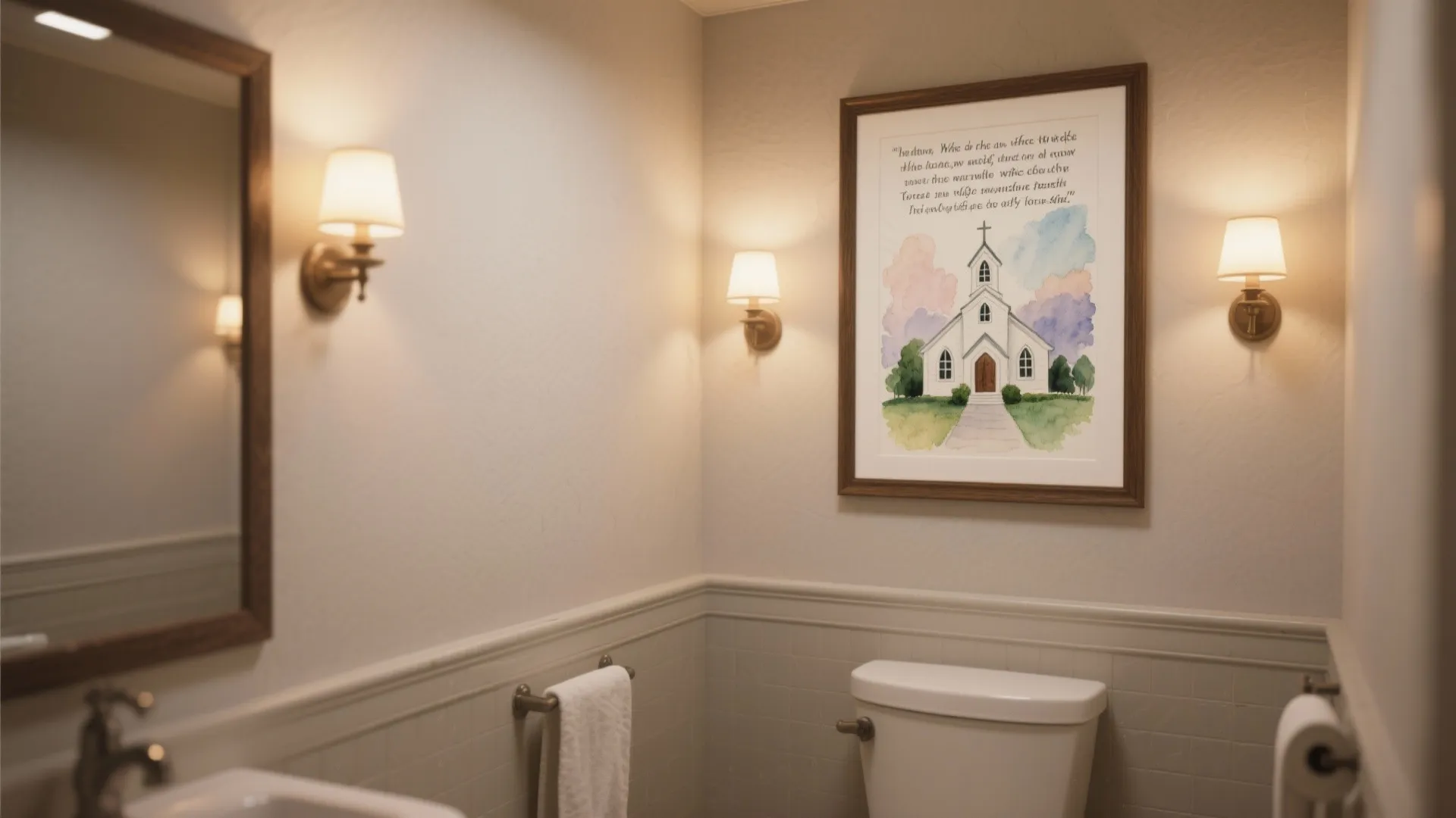 Bathroom corner with framed scripture and watercolor church art