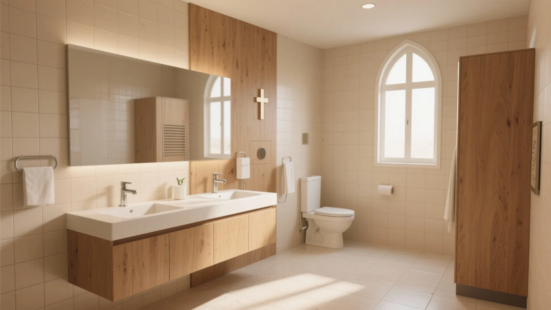Modern bathroom with wooden cabinet, double sink, large mirror, toilet, arched window, and beige tiles