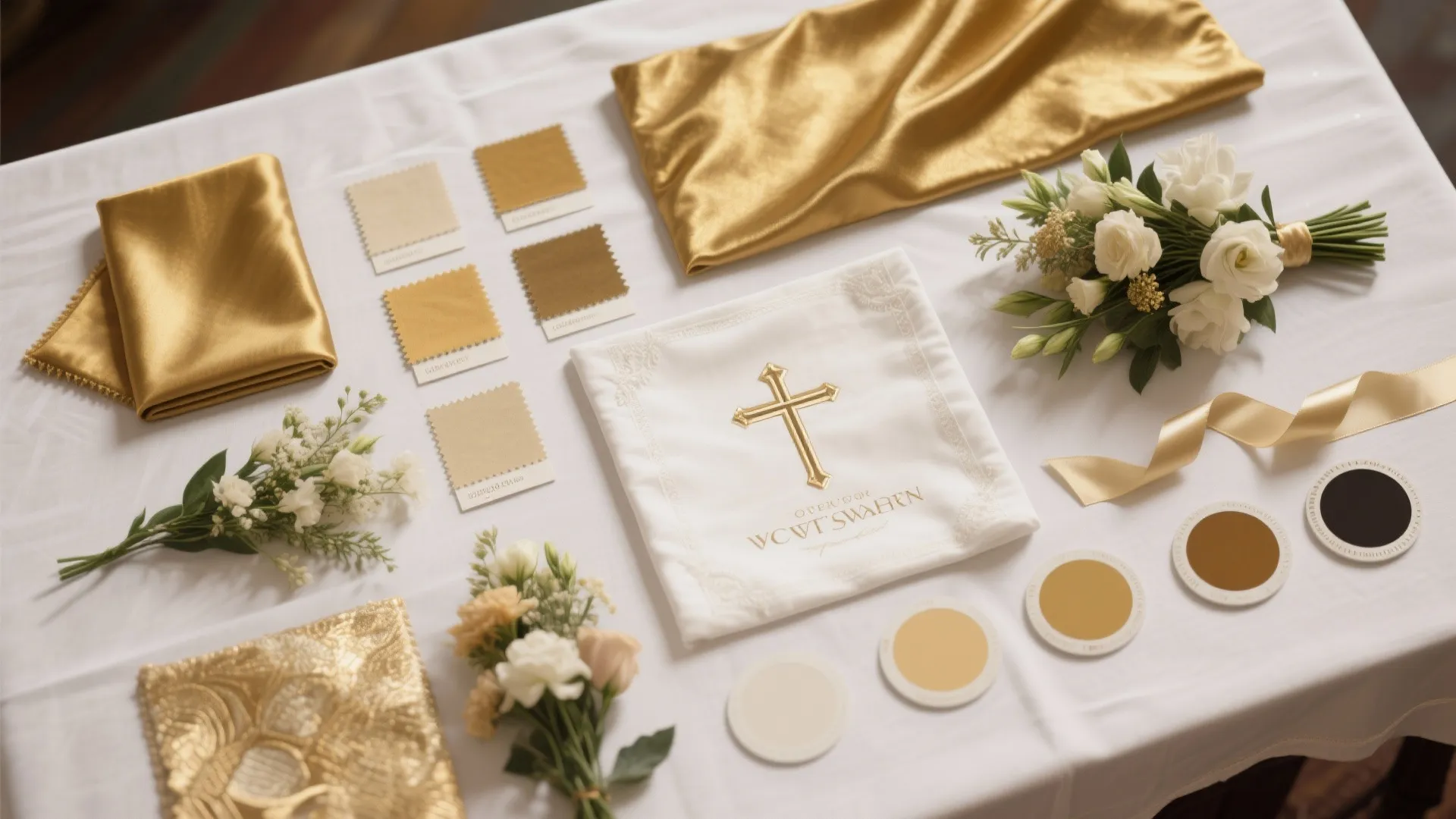Flatlay of gold and white church color palette materials