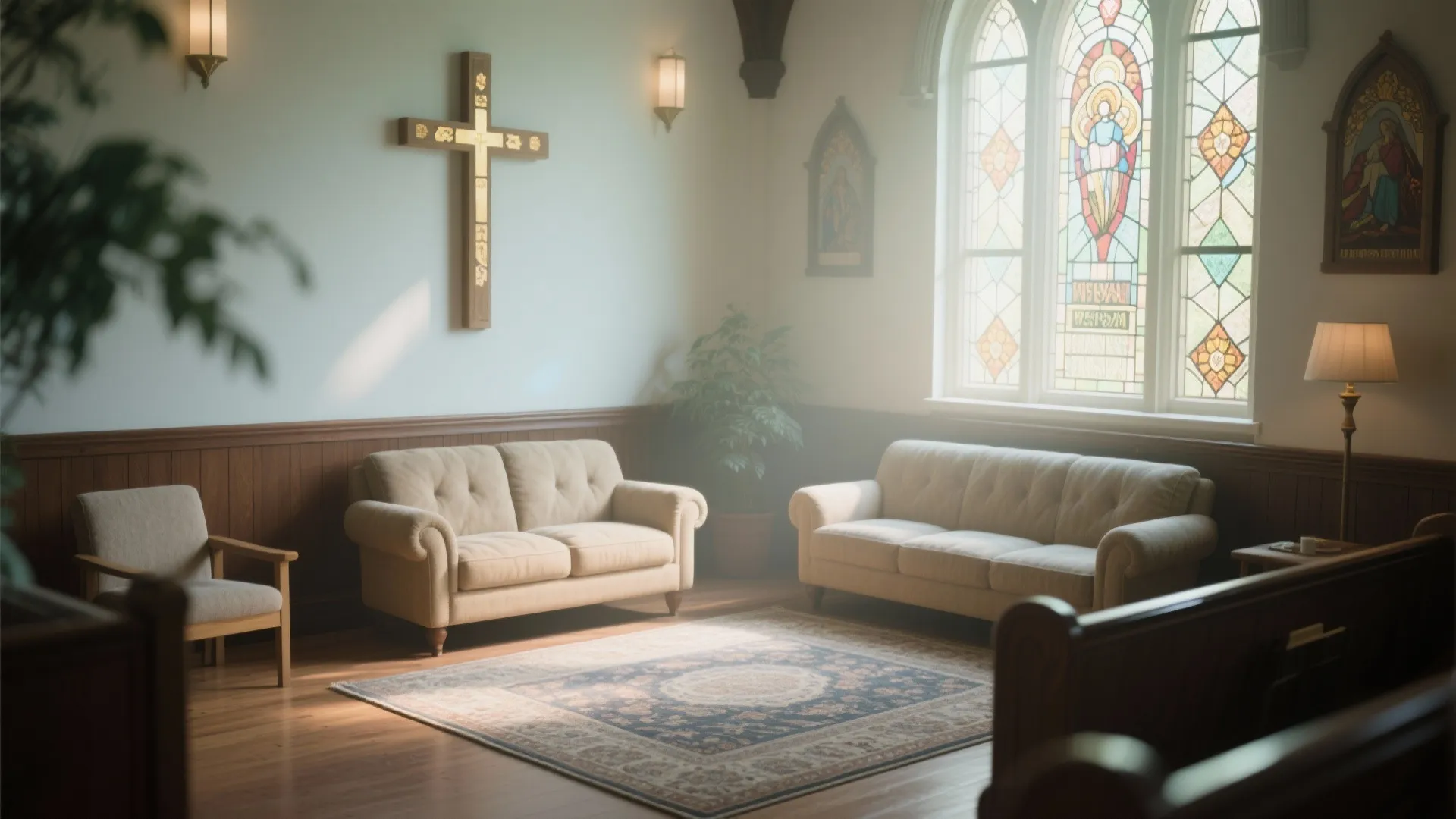 Cozy corner in church hall with sofas and rugs for small groups