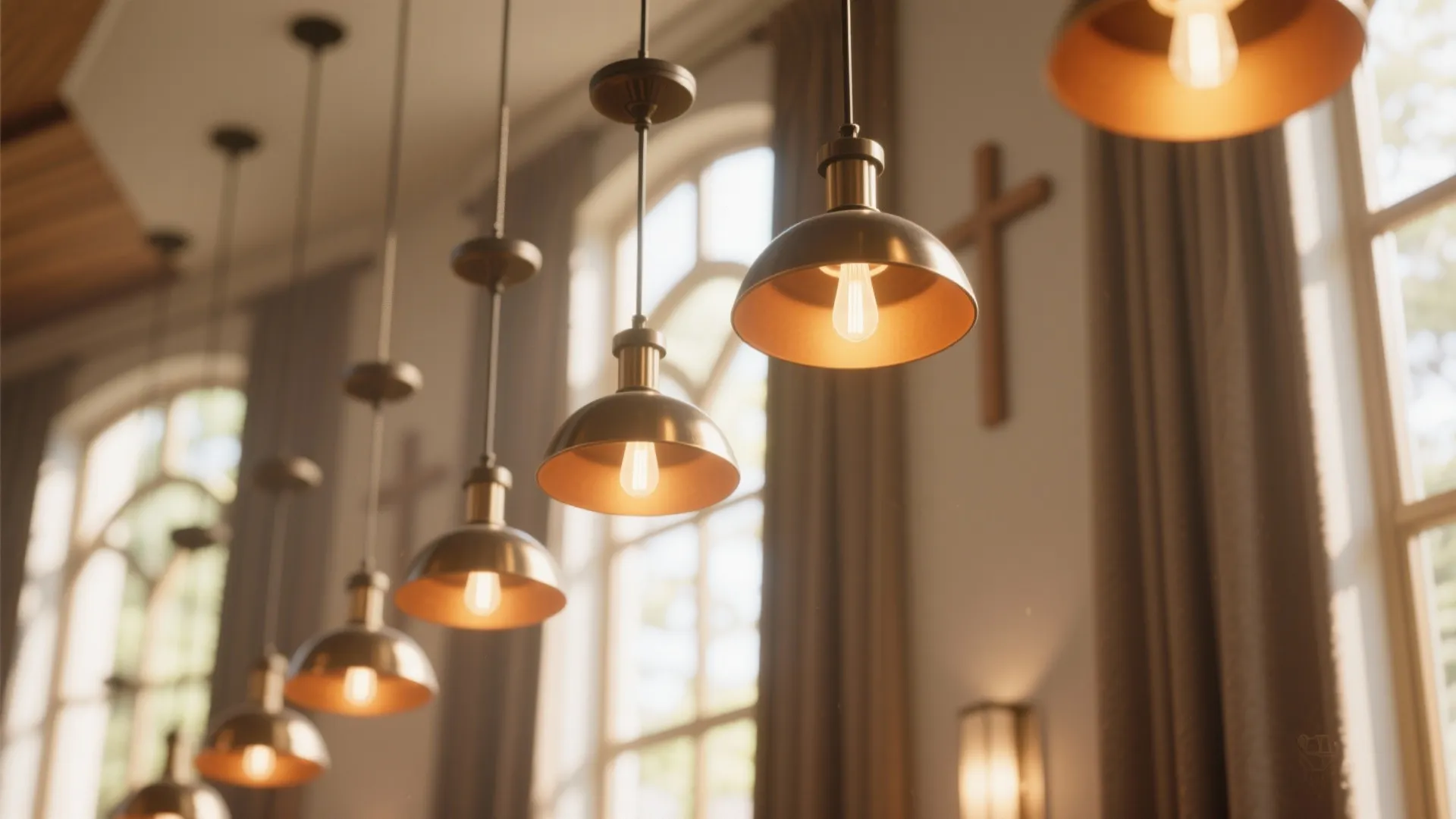 Adjustable pendant lights and warm amber glow in church hall
