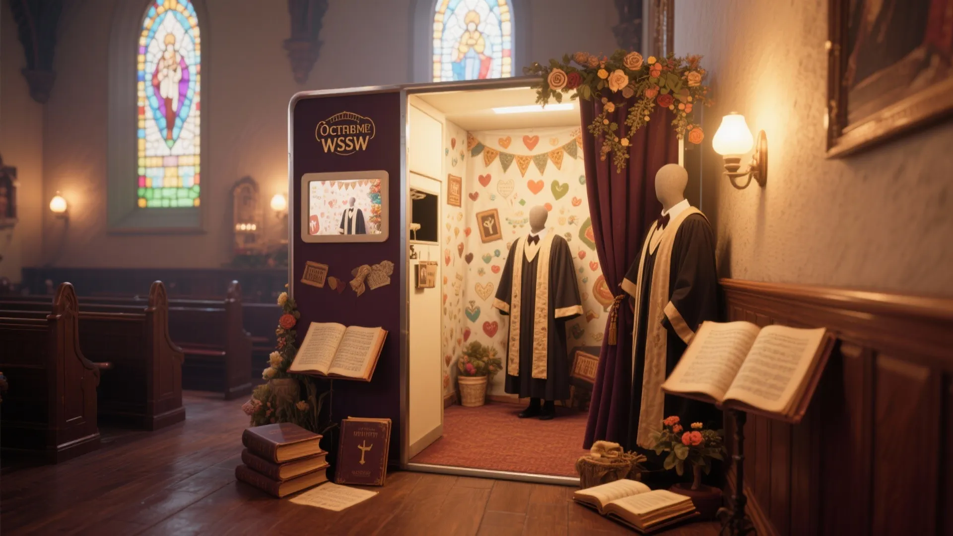 Photo booth corner with choir robes and hymn books