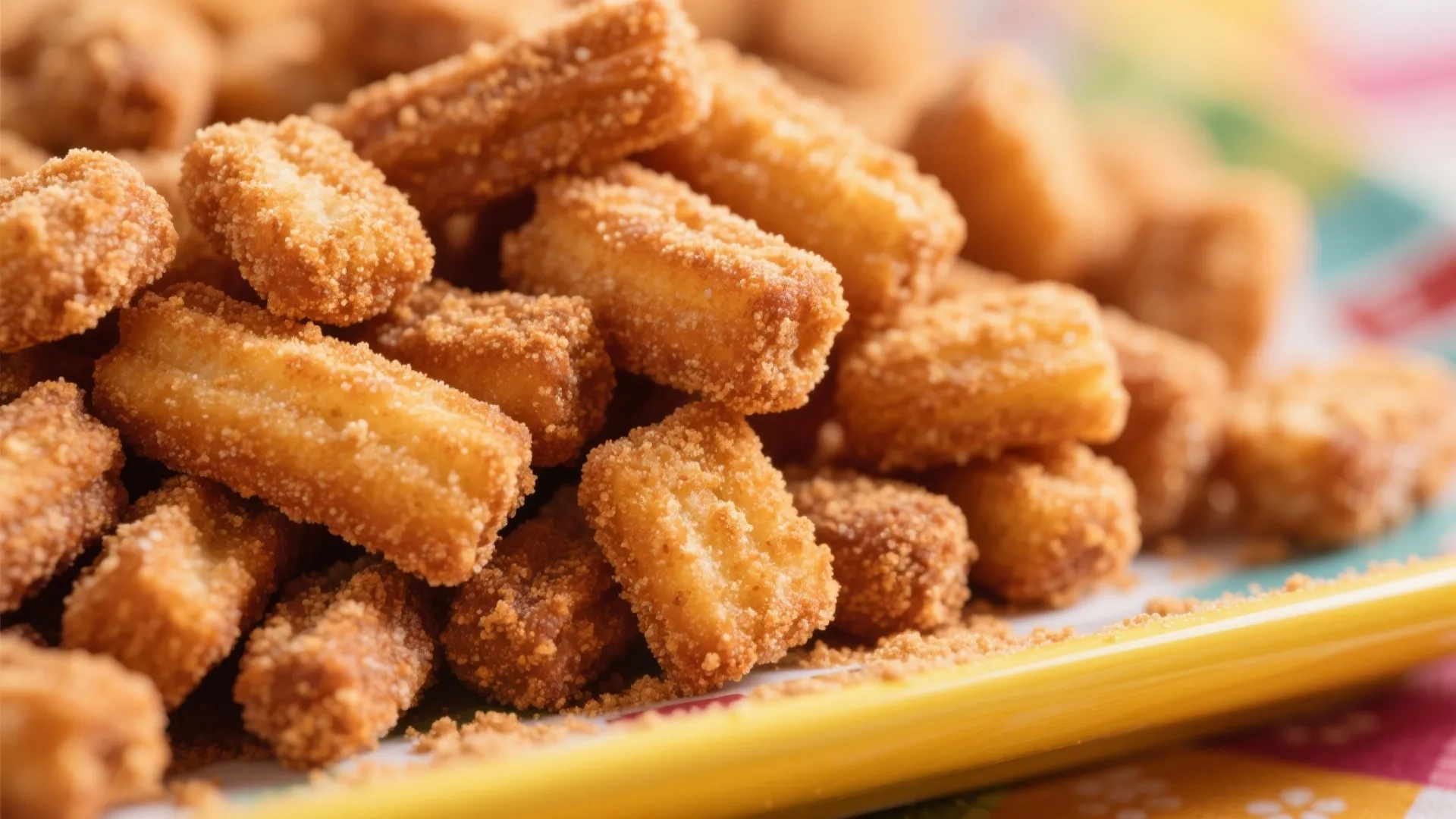 Close up view of sweet fried cinnamon sugar snack bites piled on a colorful plate