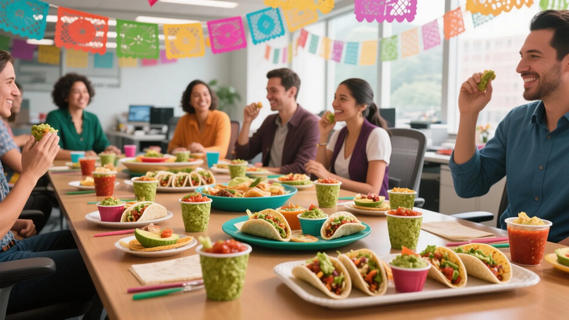 Office workers enjoying a Mexican lunch with tacos and colorful decorations at a long table
