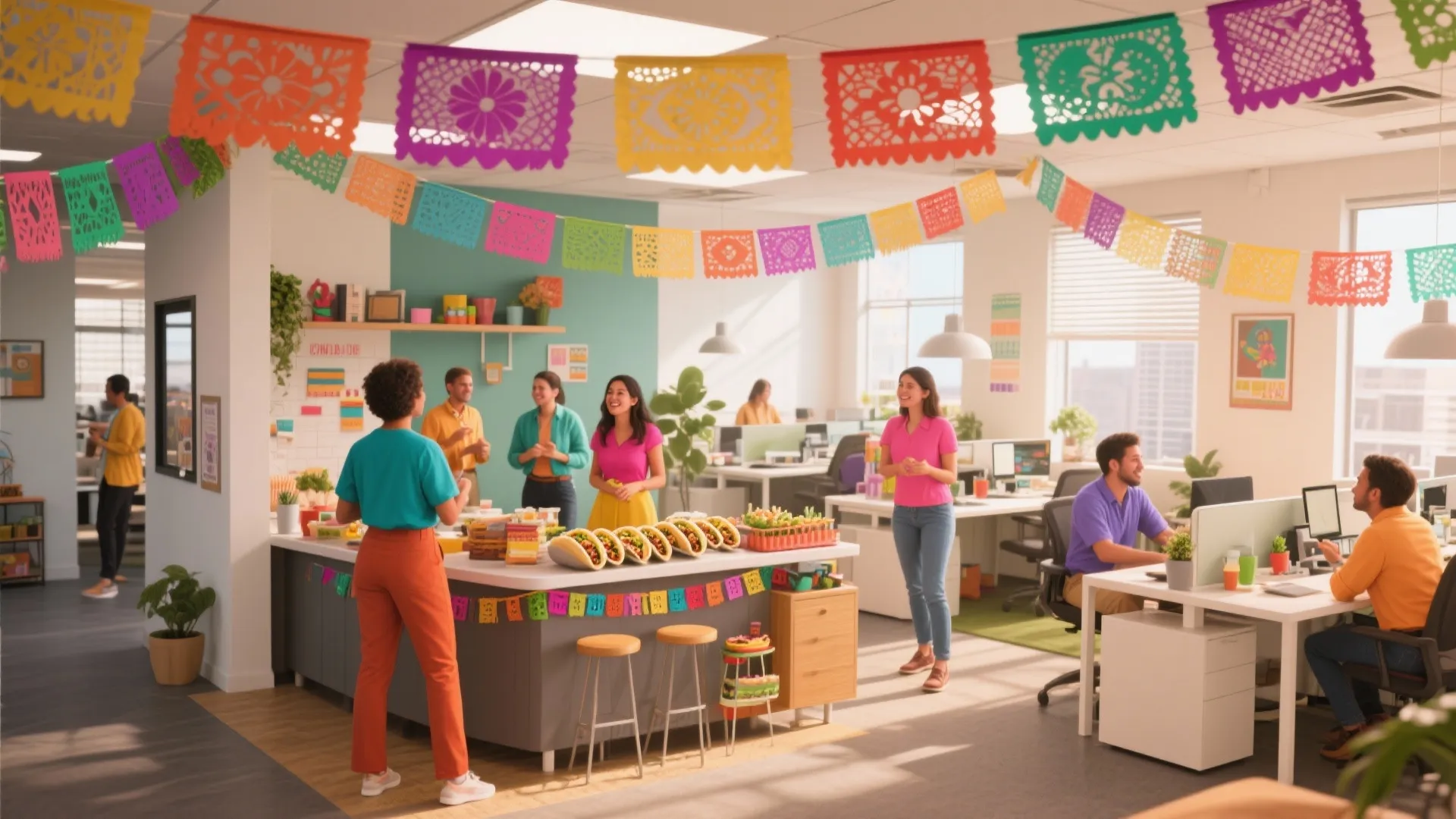 Modern open office space with colorful paper banners and people gathering around a taco buffet