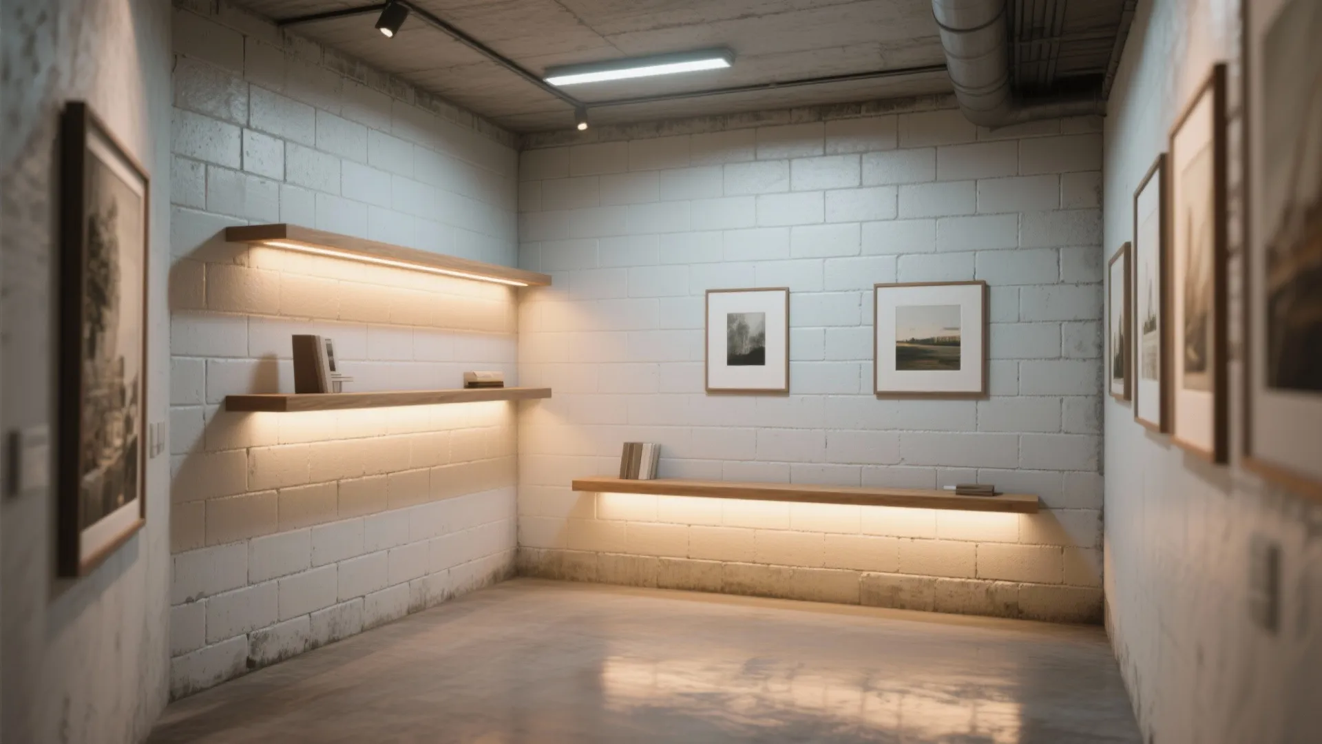 White brick wall with wooden floating shelves light fixtures and framed pictures in modern area
