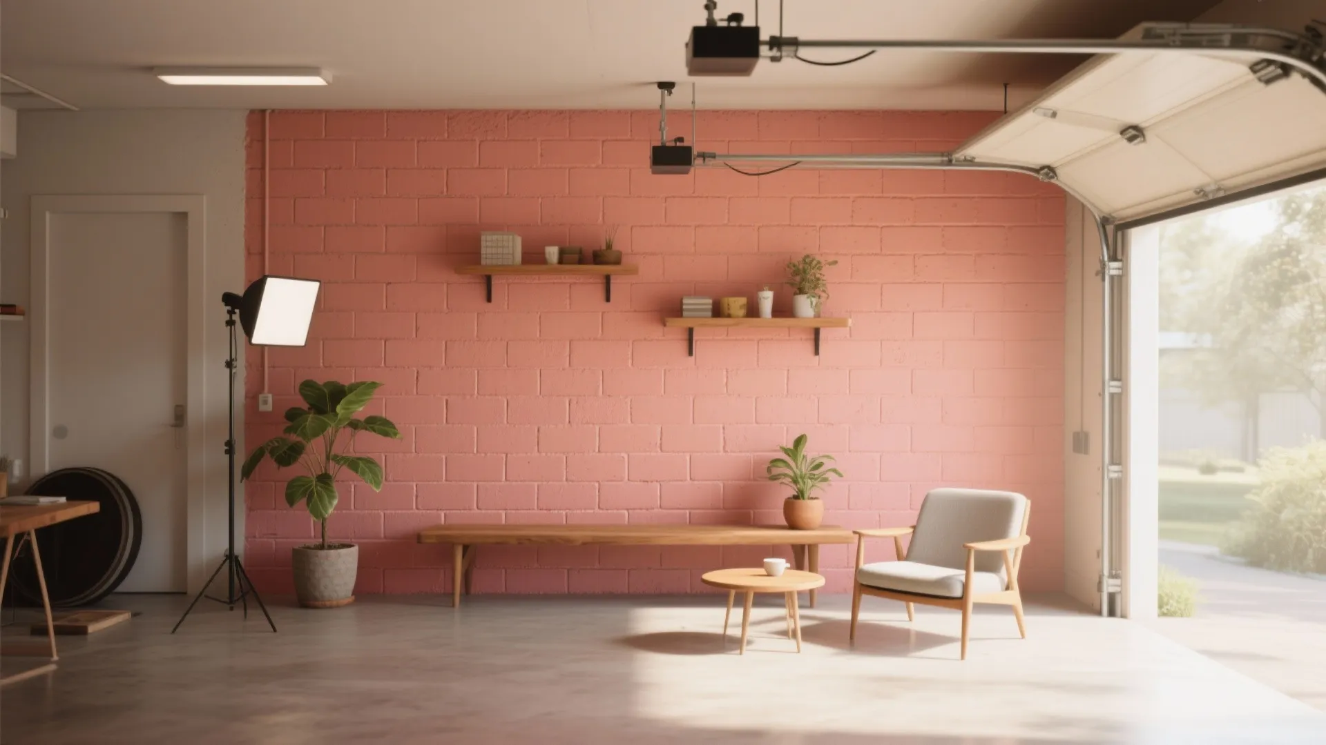 Modern garage interior with pink brick wall, grey armchair, wooden bench, and open garage door