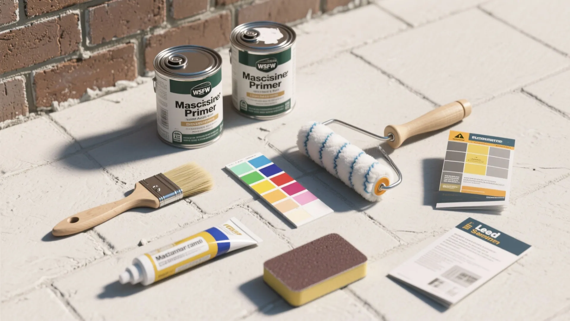 Two paint cans with roller brush and color cards on white brick ground for DIY project