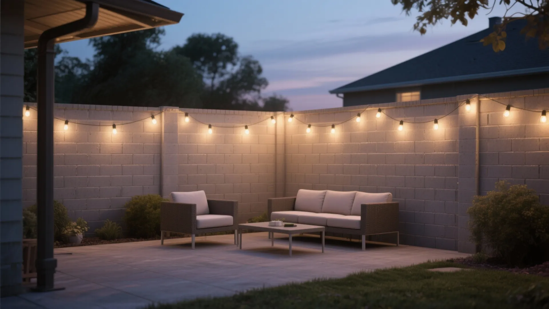 Outdoor patio with grey sofa and chairs against a brick wall decorated with string lights