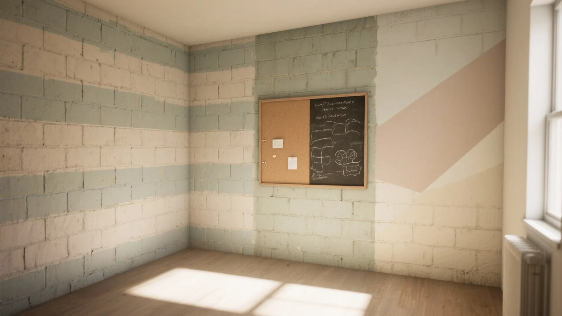 Empty room with light blue and pink painted brick walls featuring a corkboard and blackboard