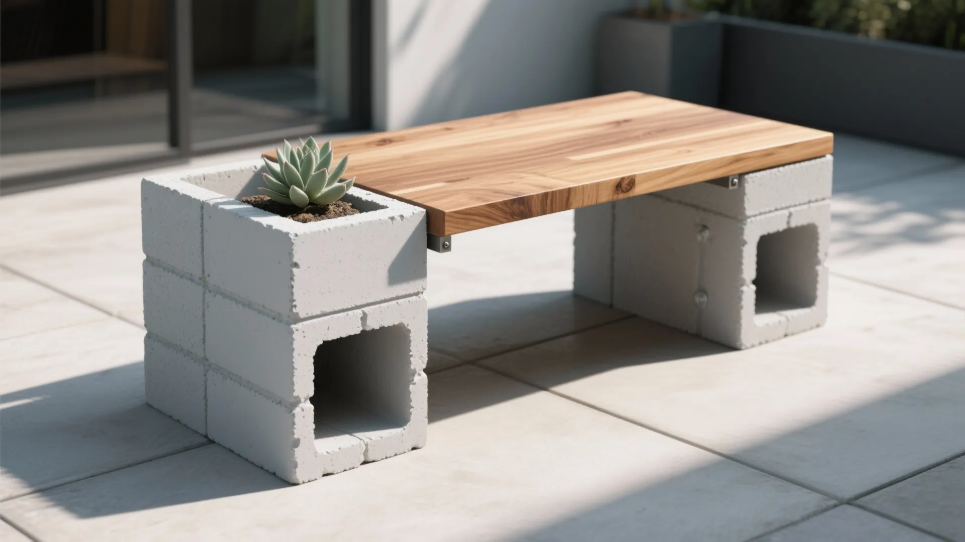 Industrial minimalist coffee table made from painted cinder blocks and a routed cedar wood top with a small planter cavity.