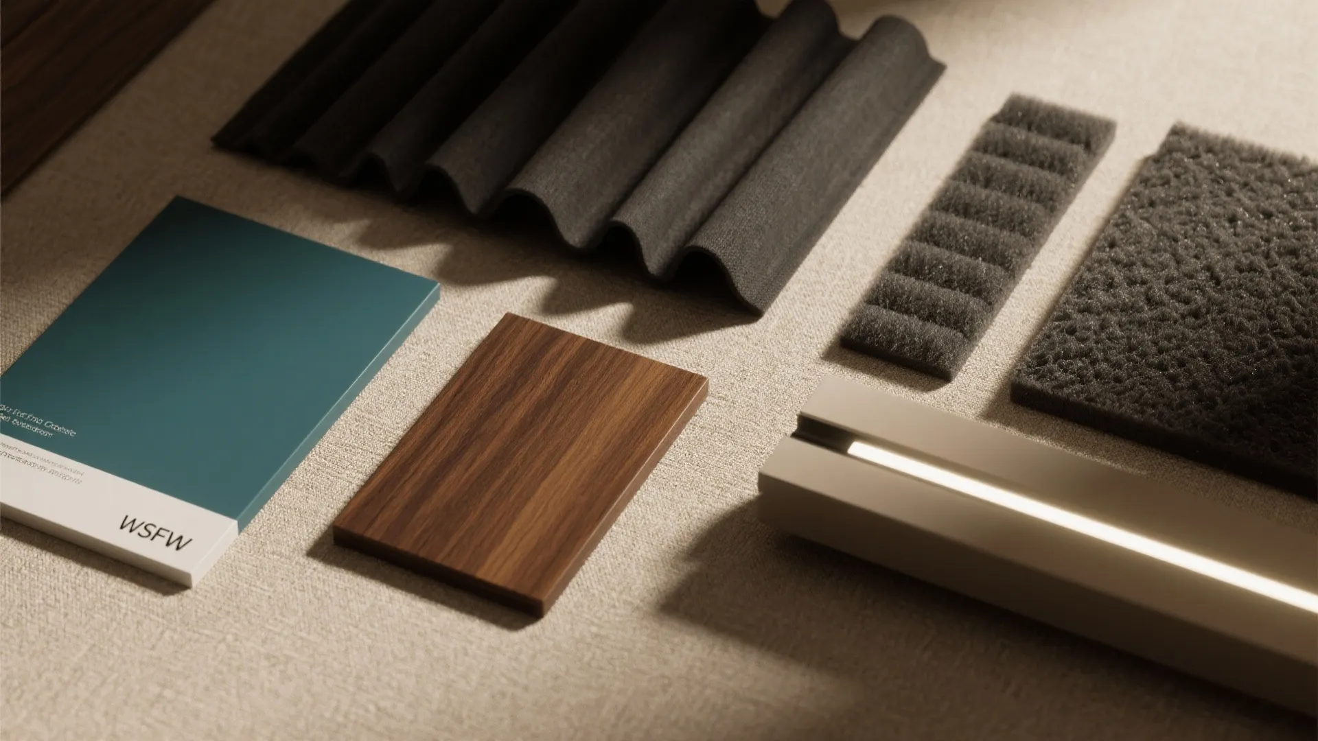 Collection of interior design materials including wood sample, blue color card, fabric, and light fixture