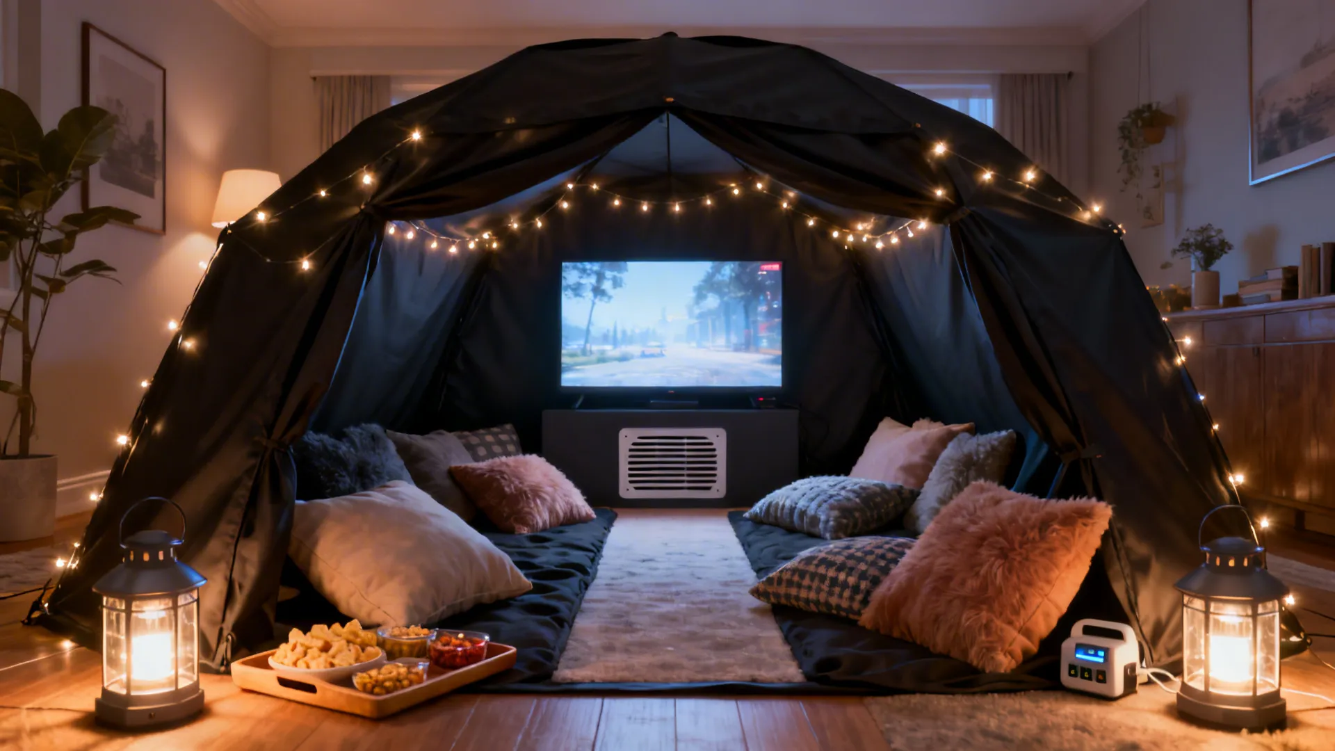 Low dark cinema fort with blackout fabric, fairy lights, pillows, snack tray and clear exit path.