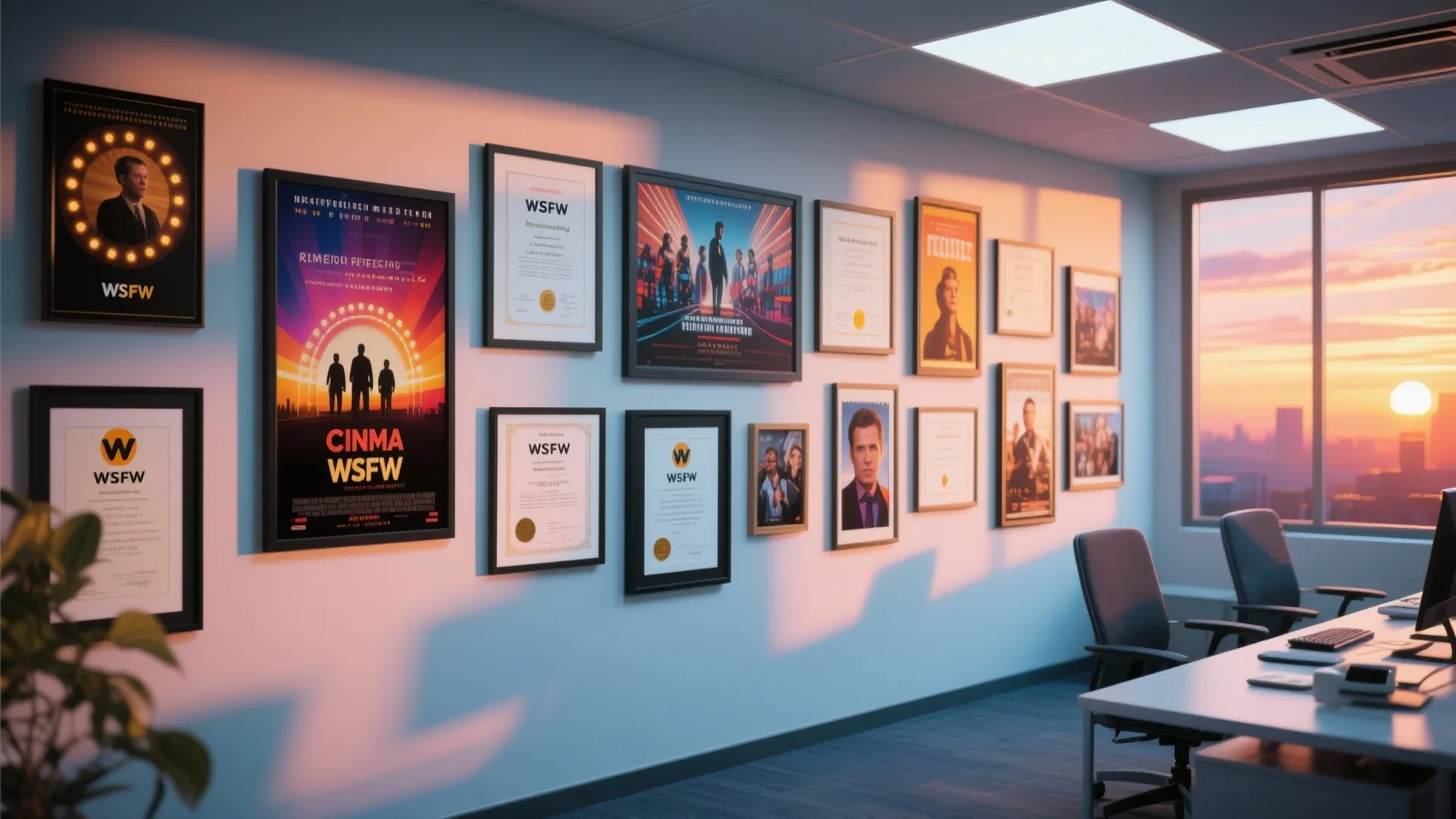 Modern office interior with movie posters on the wall and desks overlooking a city sunset