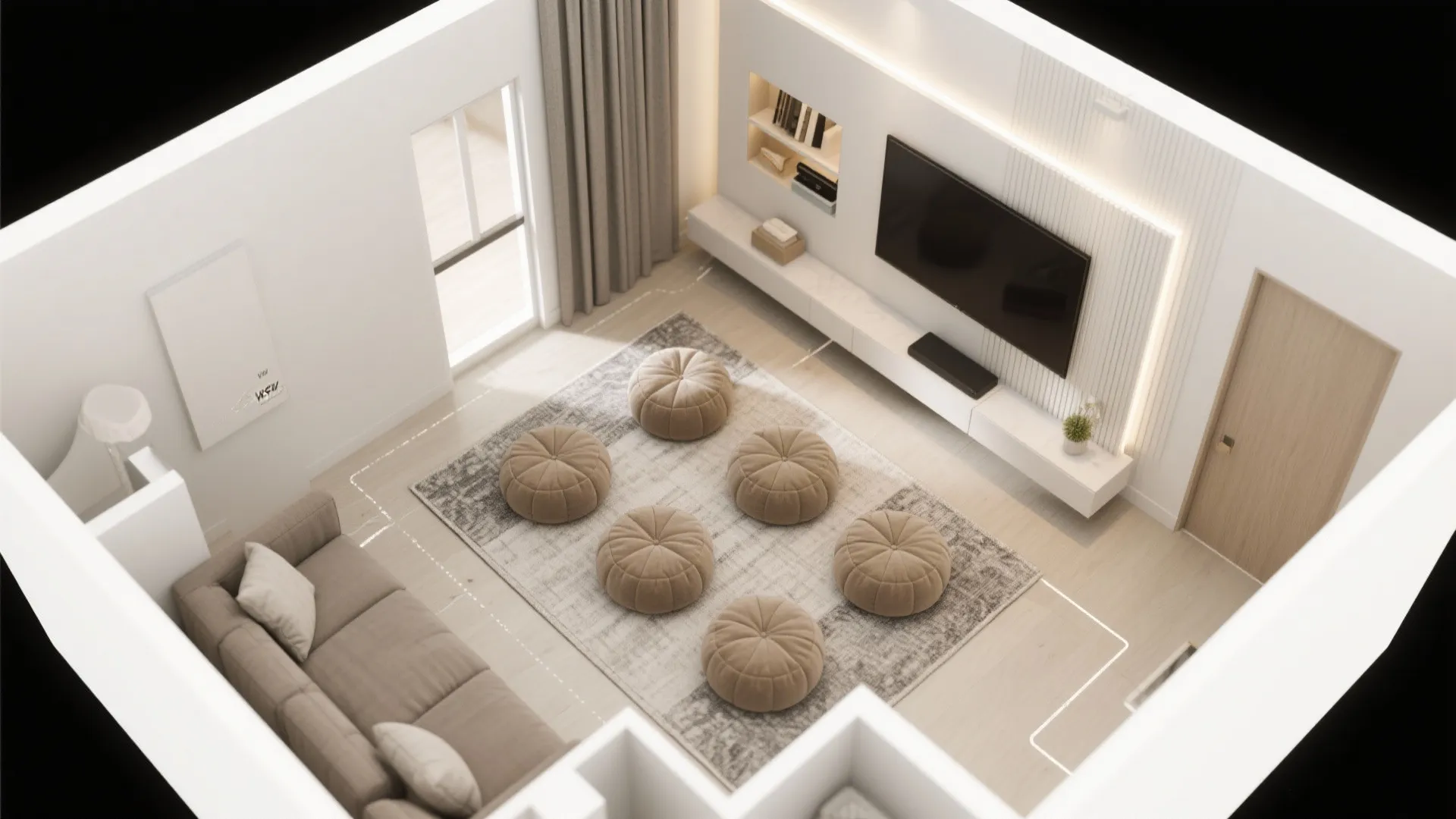 Media wall + floor cushions (flexible cinema)