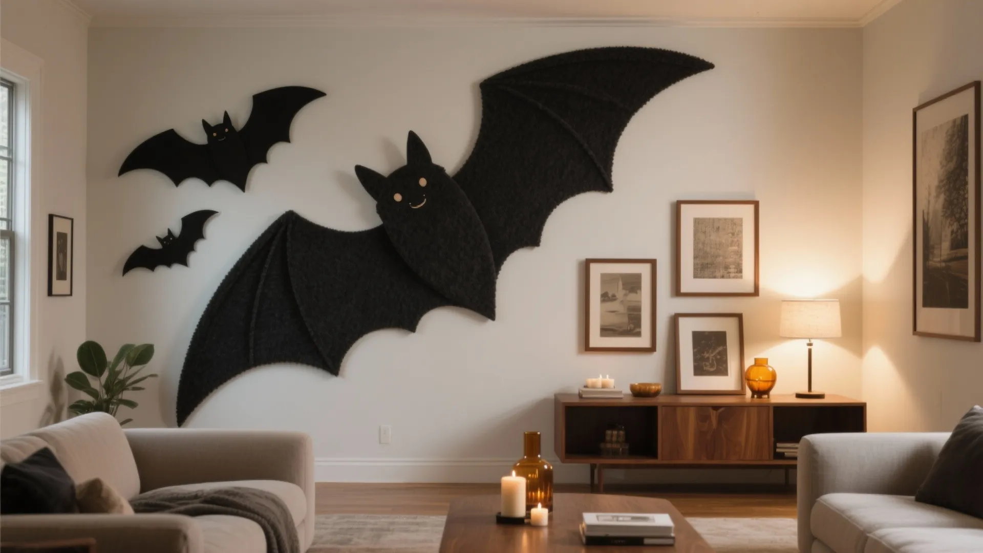 Modern living room with black bat wall decorations wooden cabinet table candles and warm lamp light