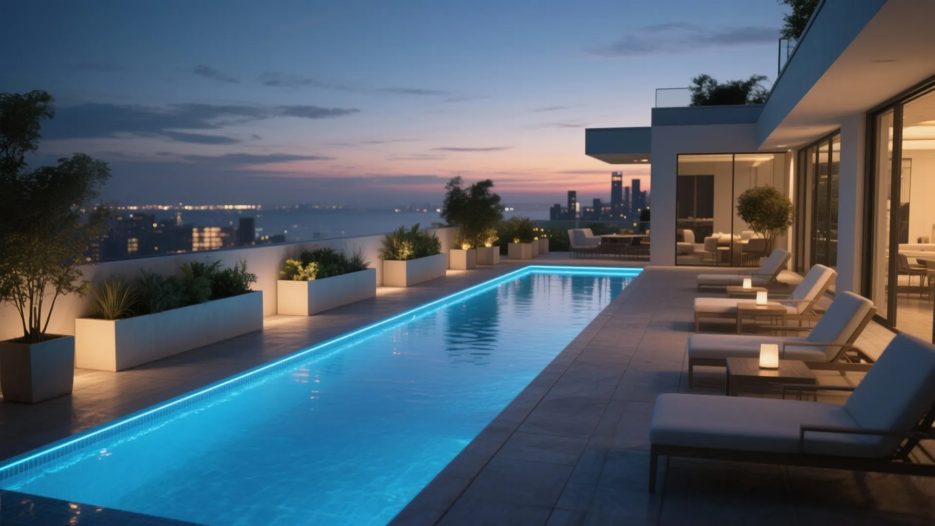 Modern rooftop terrace featuring swimming pool with blue lights lounge chairs and a beautiful sunset