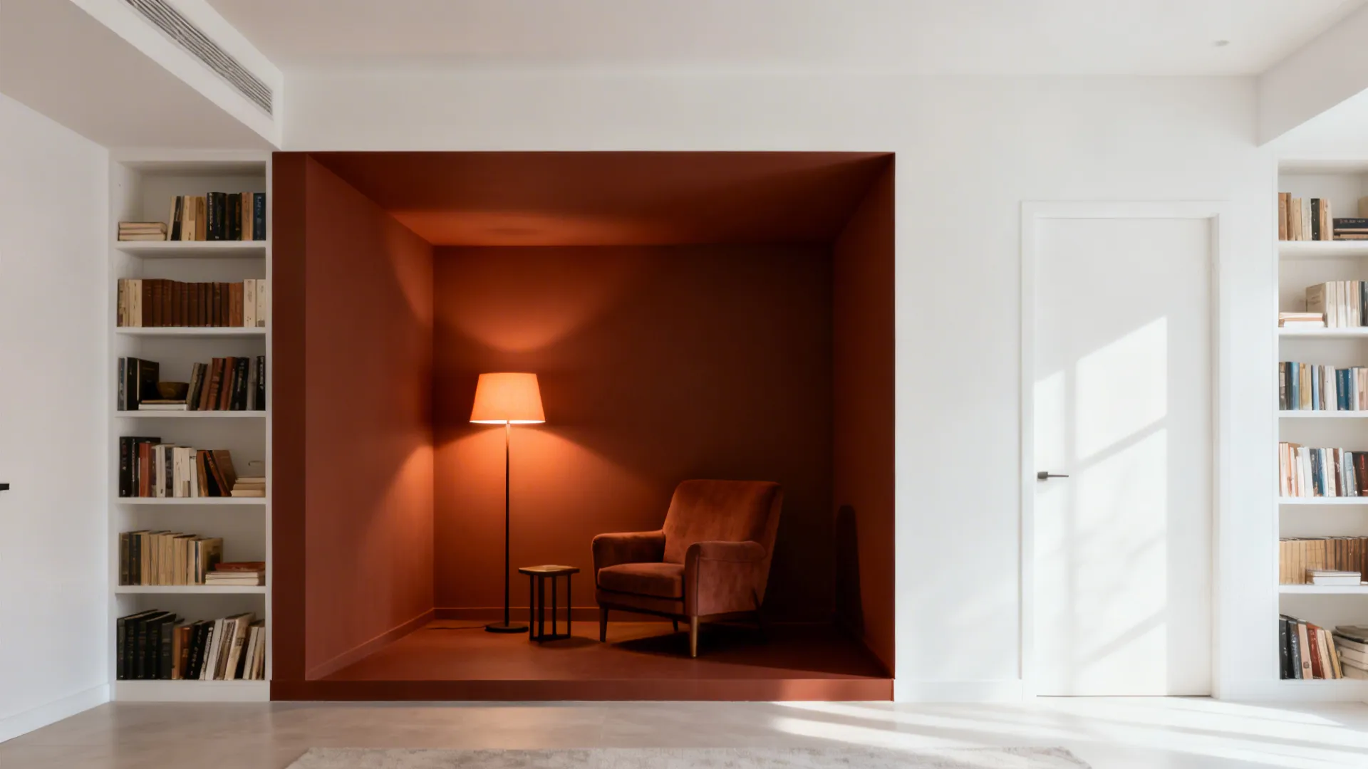 Light living room with a cinnamon-painted alcove and a glowing floor lamp