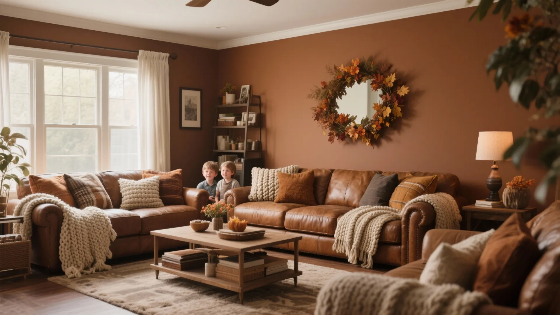 Cozy brown living room with leather sofa plus autumn wreath and warm blankets on furniture