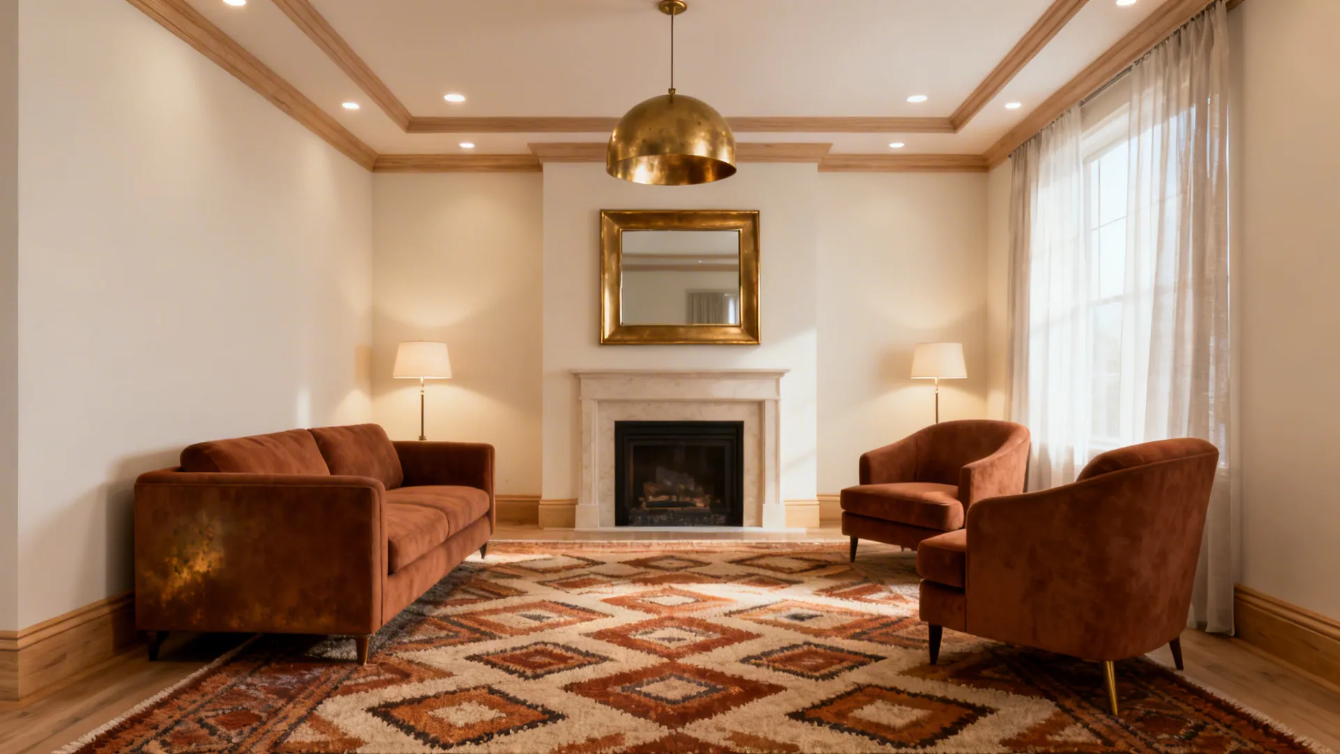 Living room with cinnamon brown upholstery, cream walls and brass light fixtures