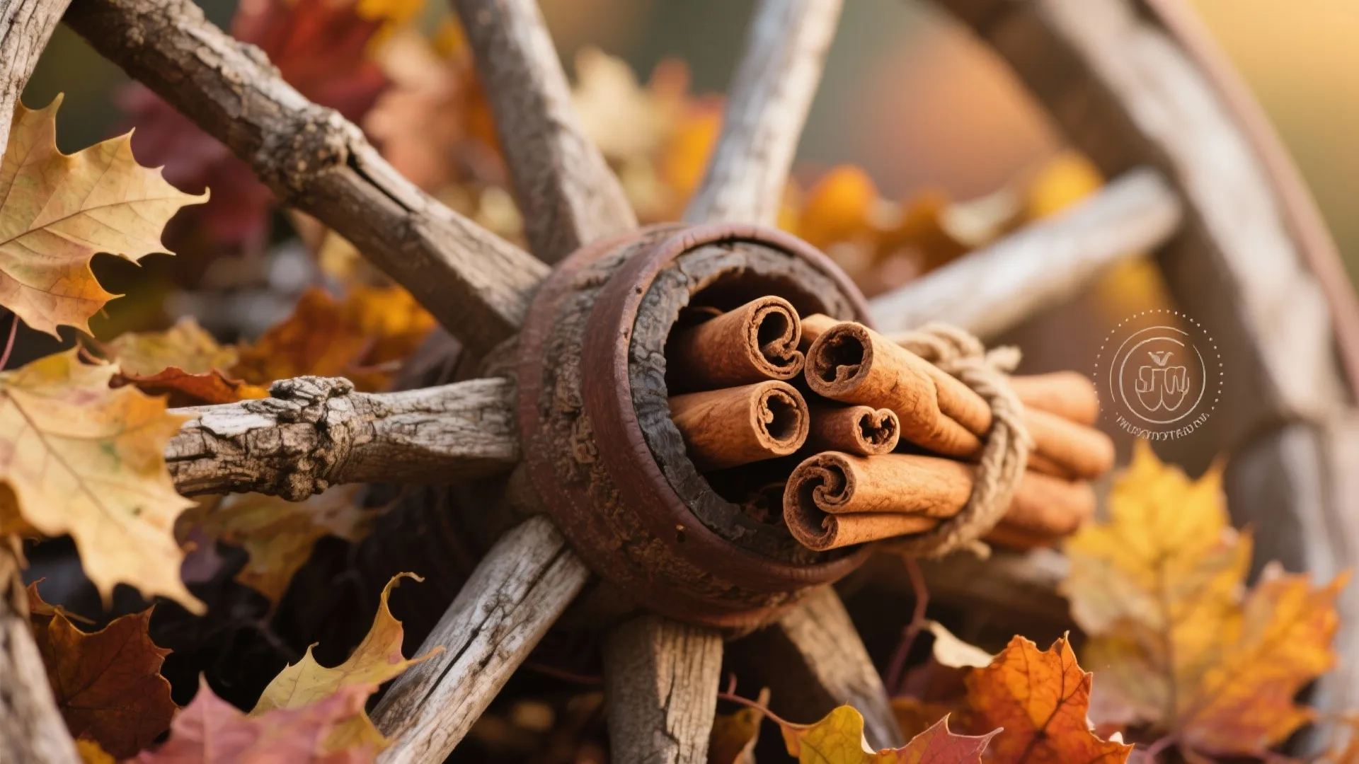 Cinnamon sticks bundled within wagon wheel foliage