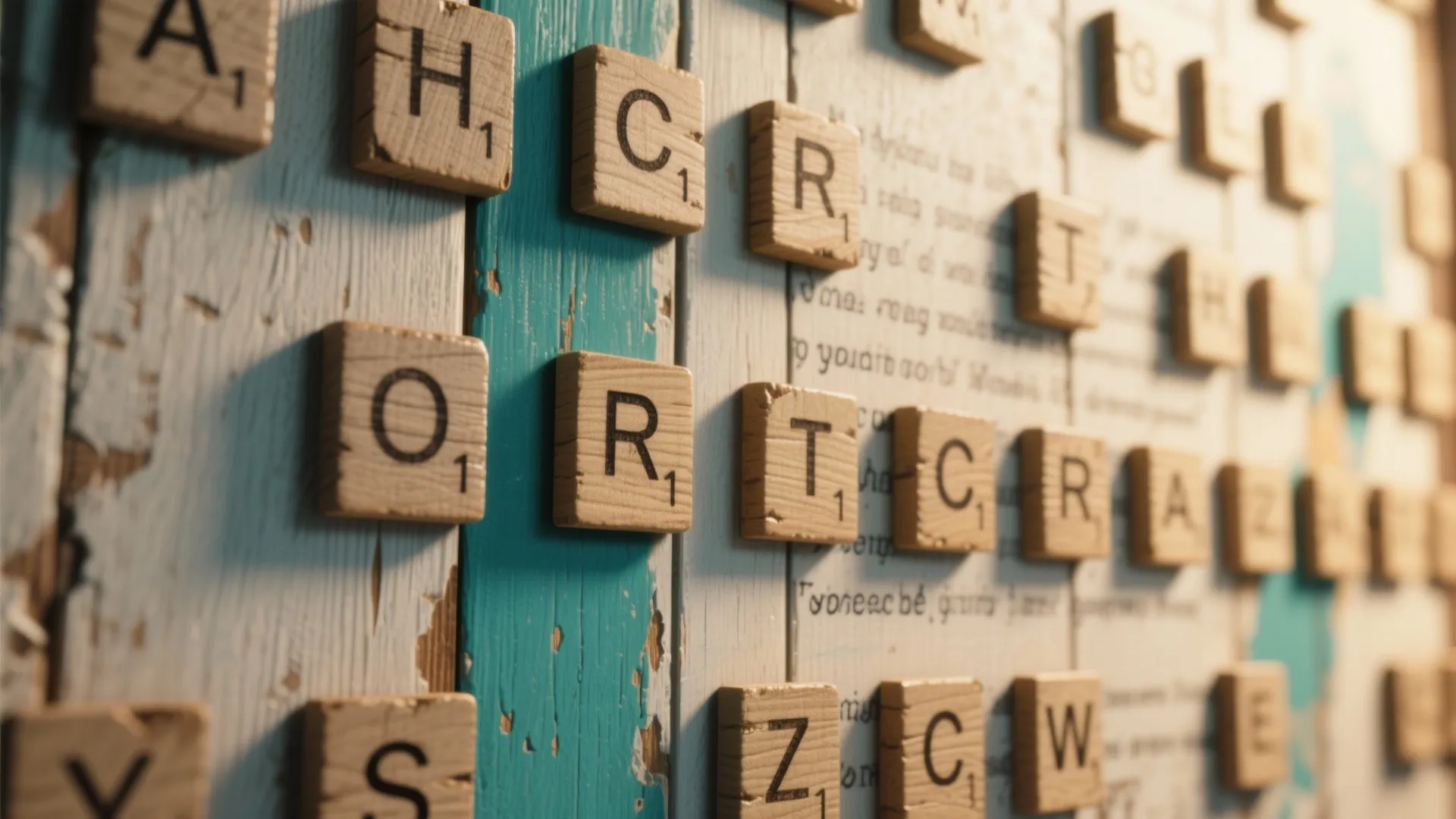 Close-up of Scrabble-style letter tiles on a painted plywood cipher wall with a hidden poem in the background.