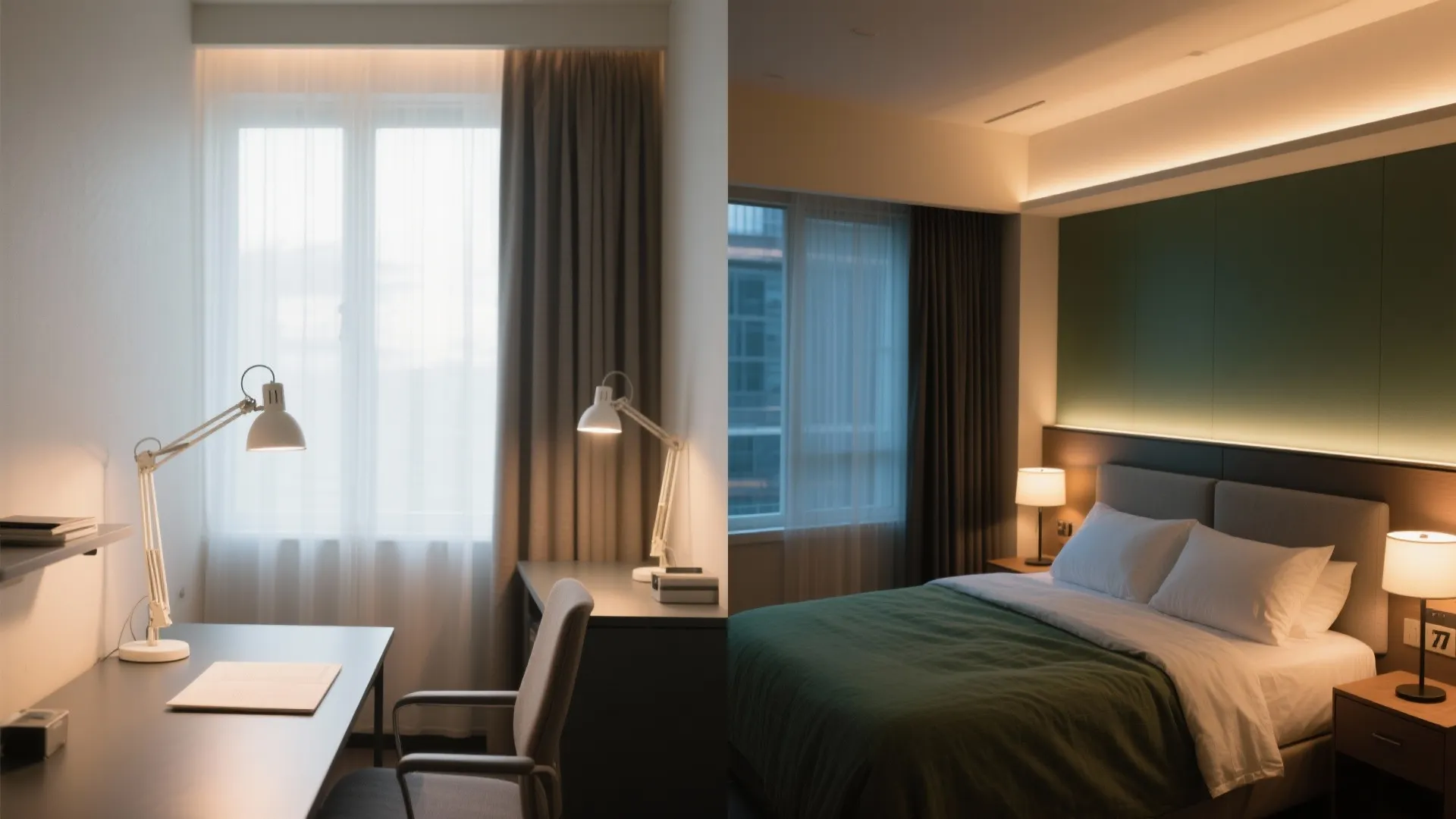 Before-and-after comparison of a minimalist study area and a cozy green bedroom with warm lighting