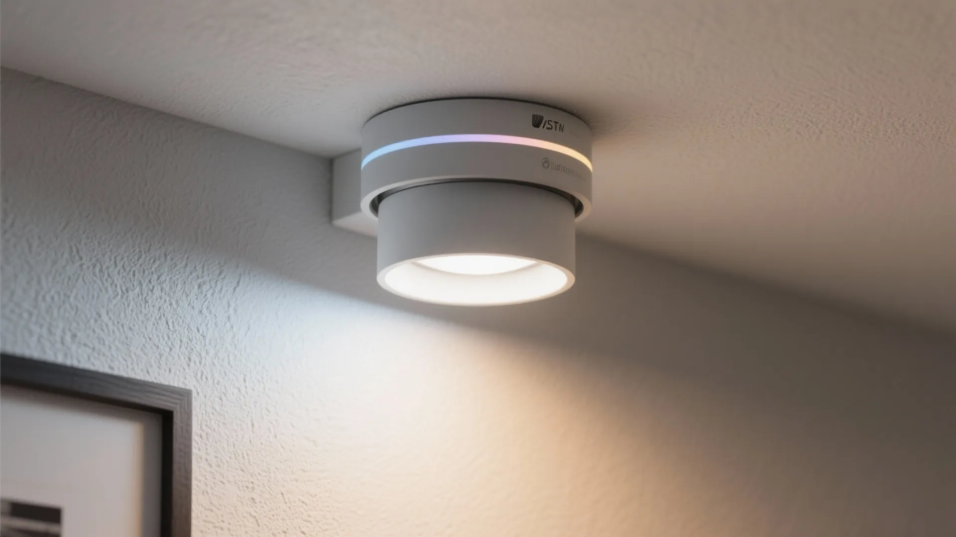 Macro of a tunable white downlight showing a smooth shift from cool to warm light on a wall.