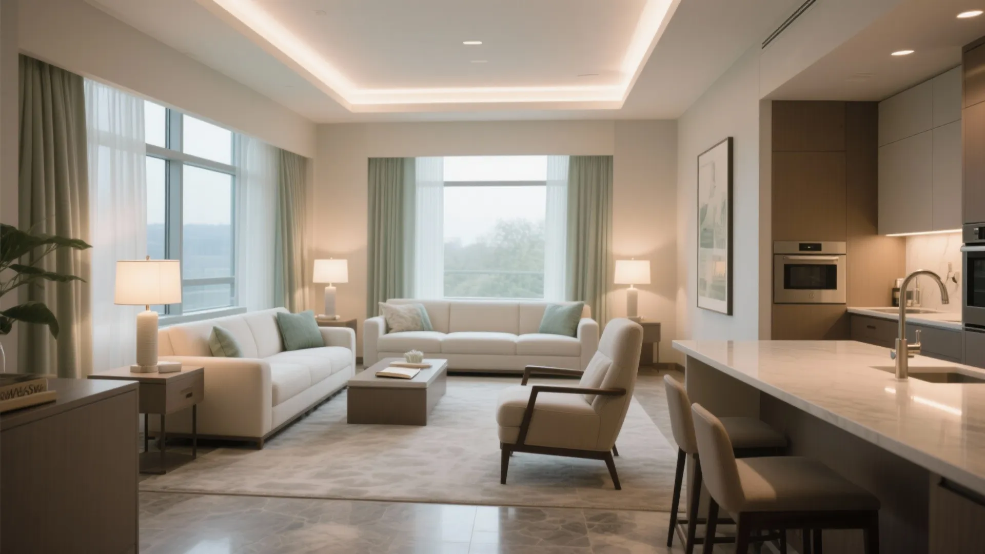 Modern open living room with white sofas wood cabinet kitchen counter and warm ceiling light design