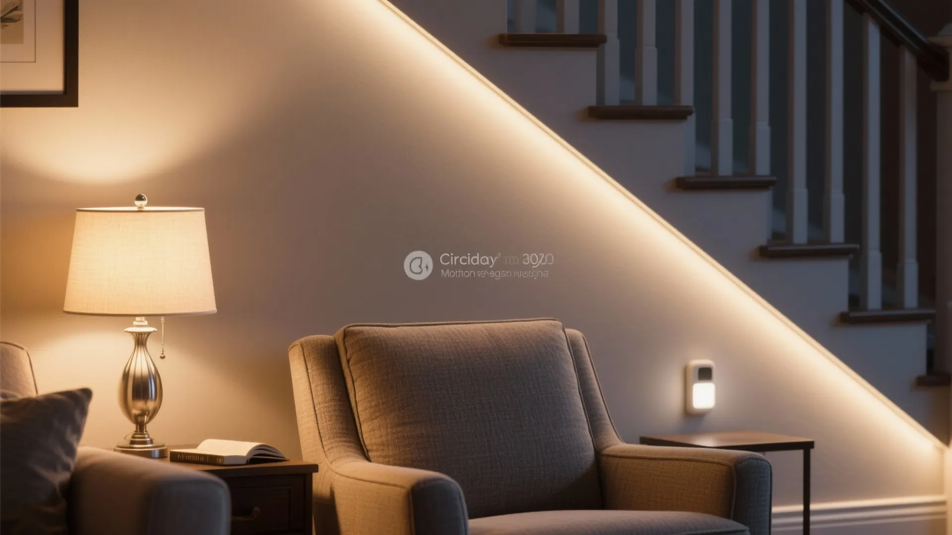 Cozy reading corner with grey armchair table lamp and warm light strip along the wall
