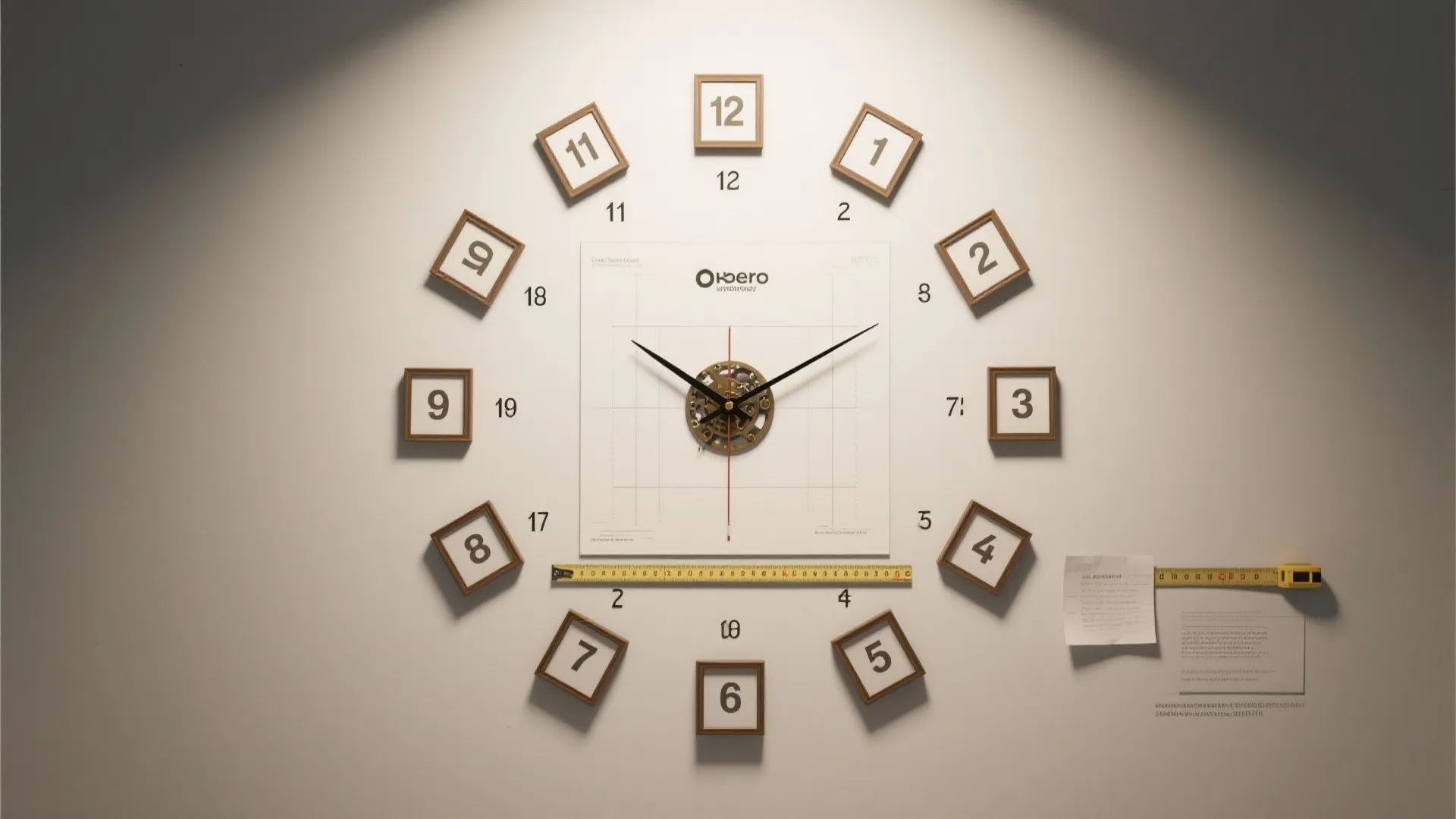 Creative wall clock design using square frames for numbers with yellow measuring tape and notes