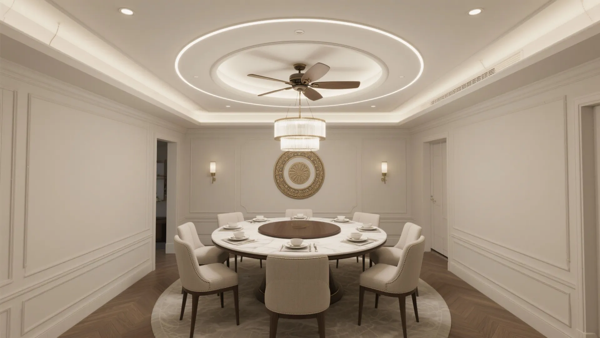 2) Circular Medallion Coffered Center with Fan + Chandelier (Fandelier Option)