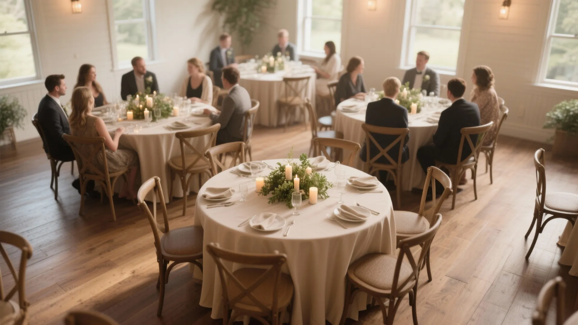 Small wedding with 48-inch round tables, low centerpieces and warm daylight fostering intimate conversation.
