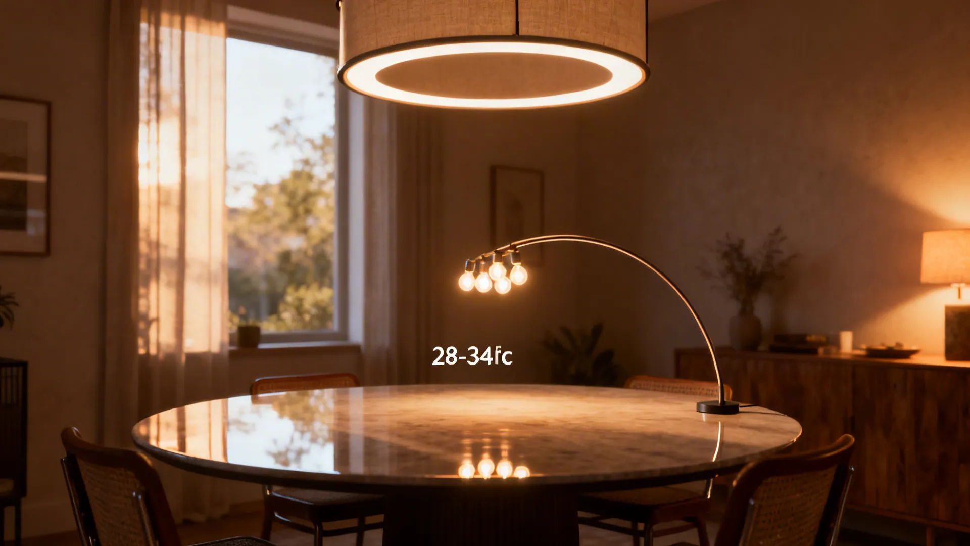 Circular drum pendant light centered over a round table, showing proper height and scale.