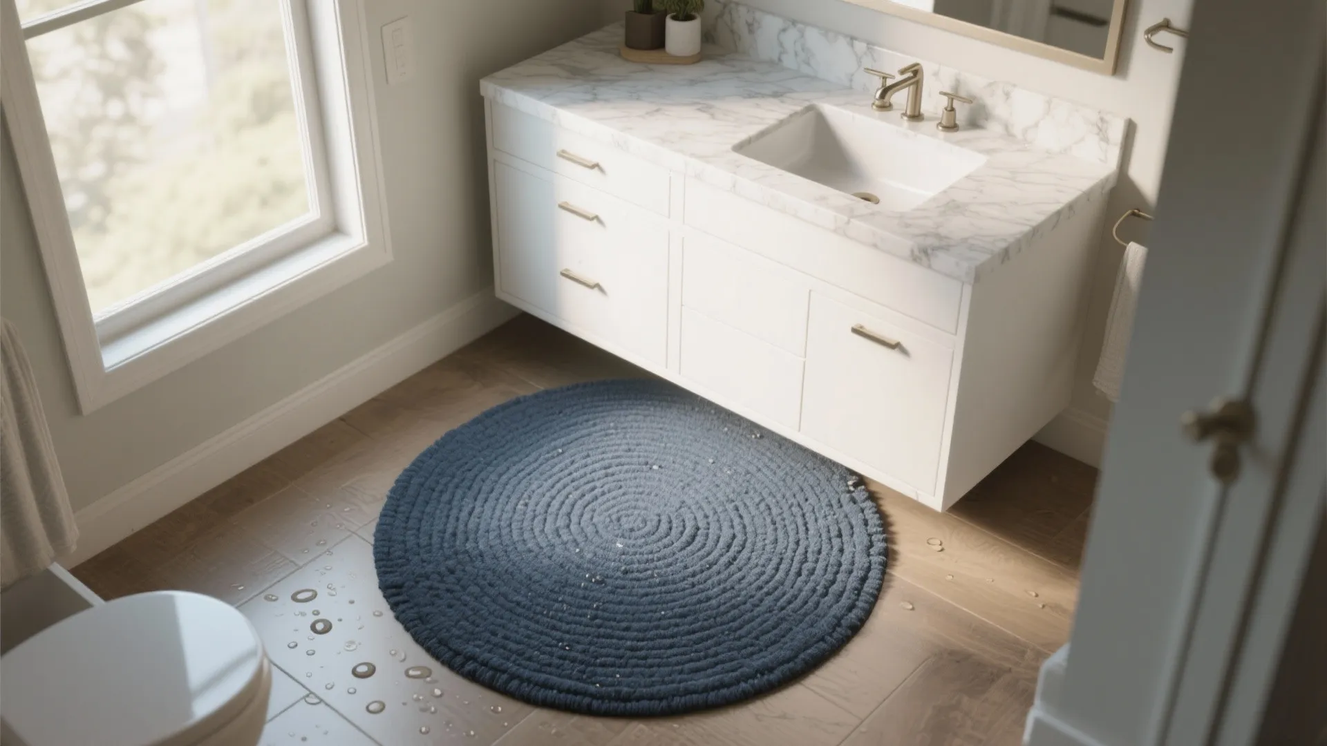 2. Circular navy rug for a single-sink vanity