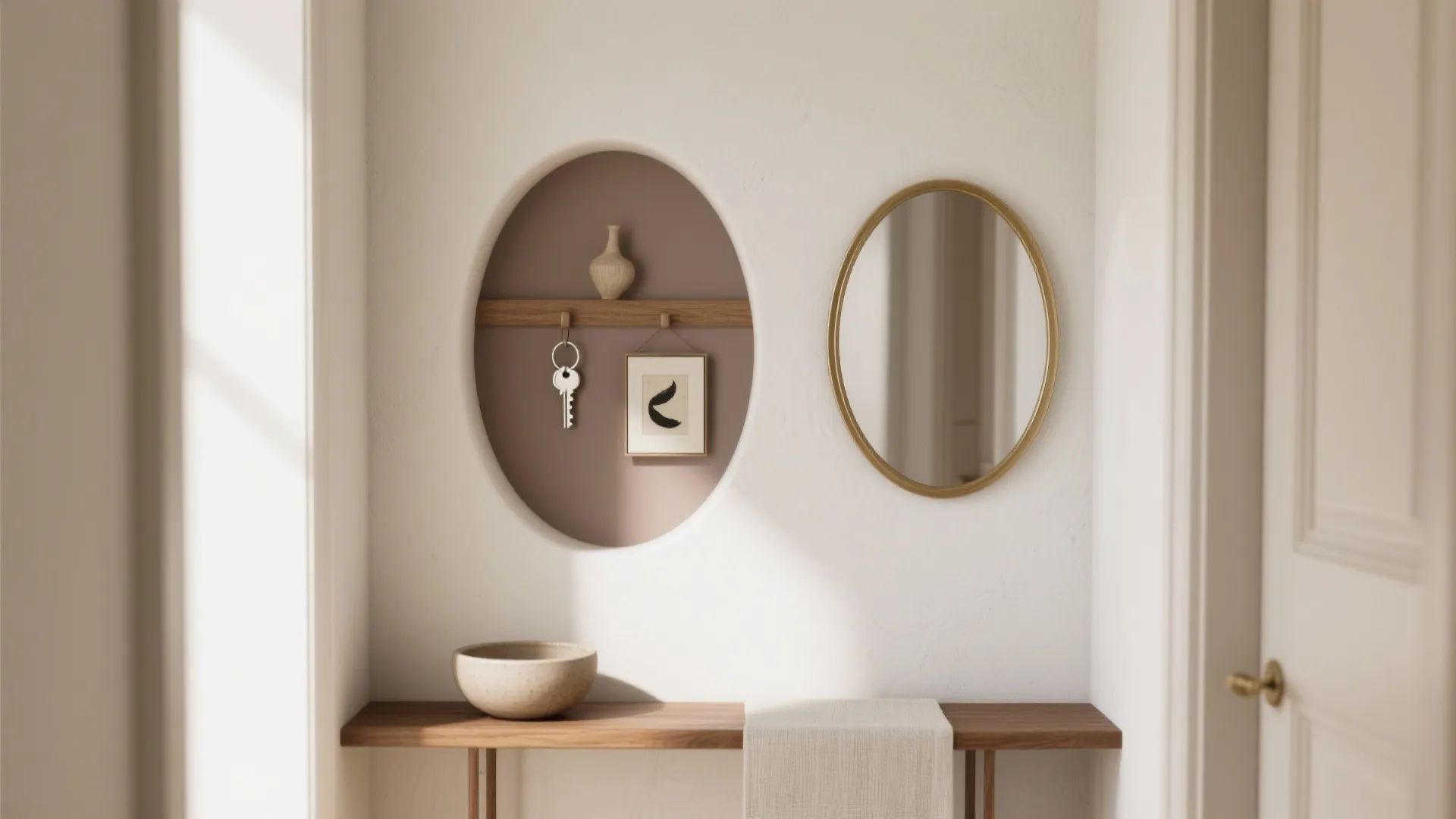 Minimalist entryway with oval wall niche holding keys and mirror above a wood console table