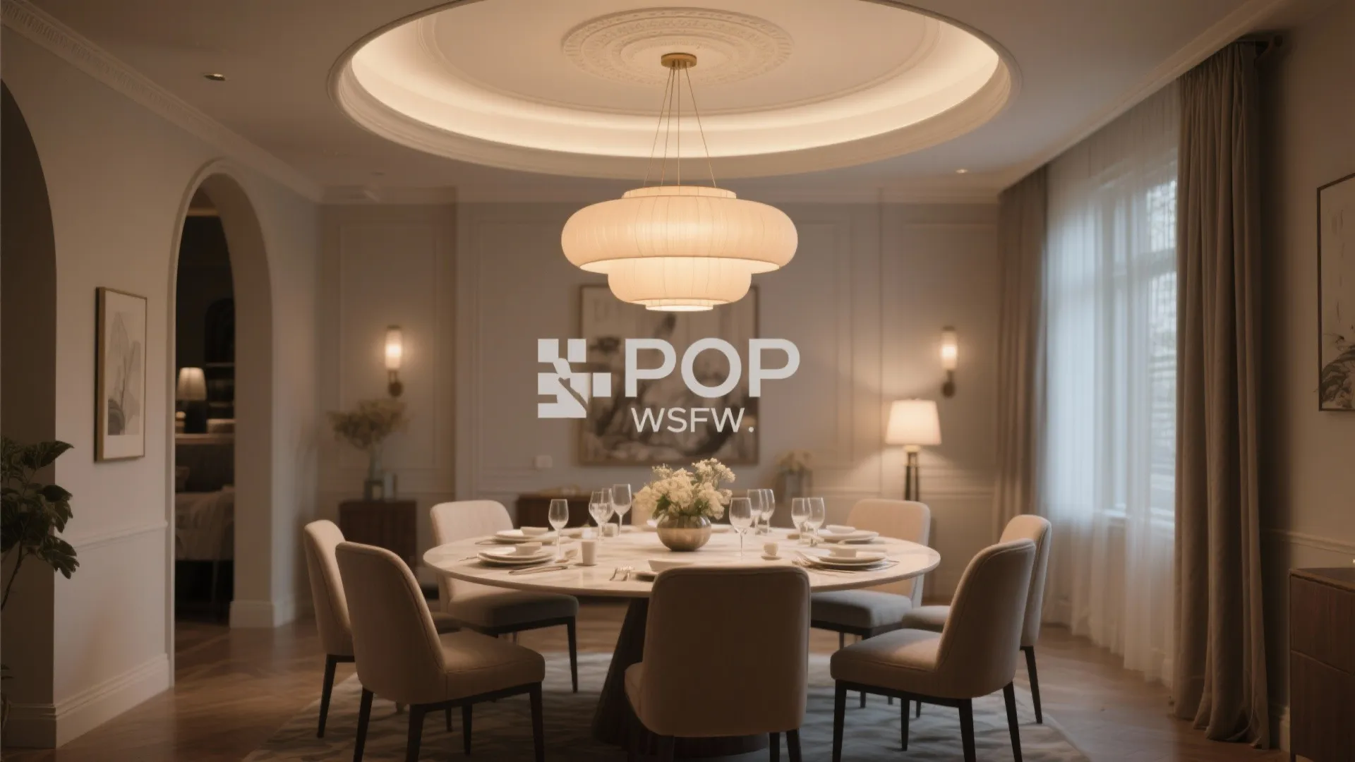 Elegant dining room featuring round marble table beige chairs large ceiling light and arched wall doorway