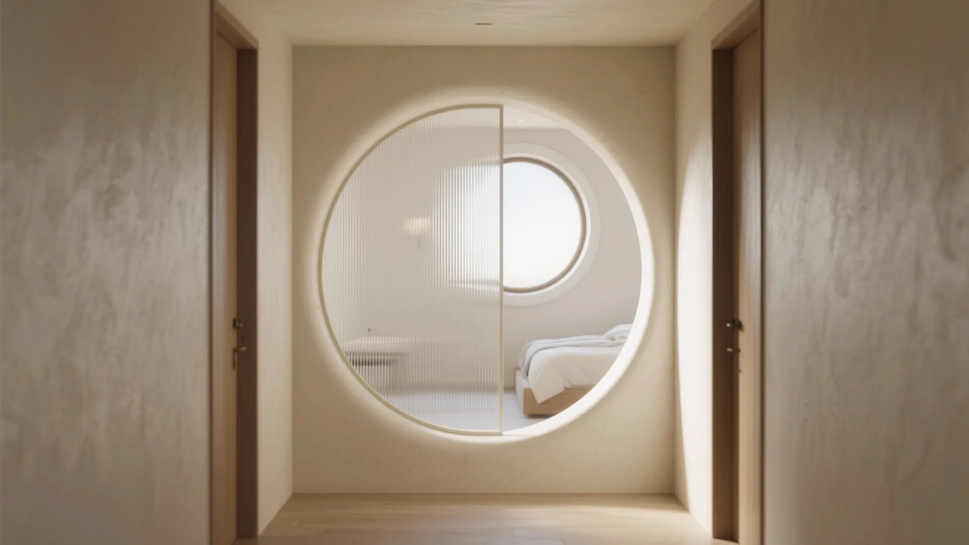 Hallway view looking through large circular wall opening with glass into a bright modern bedroom