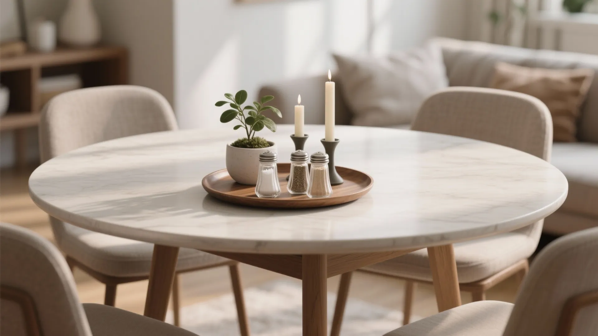 Circular tray on round dining table holding small items
