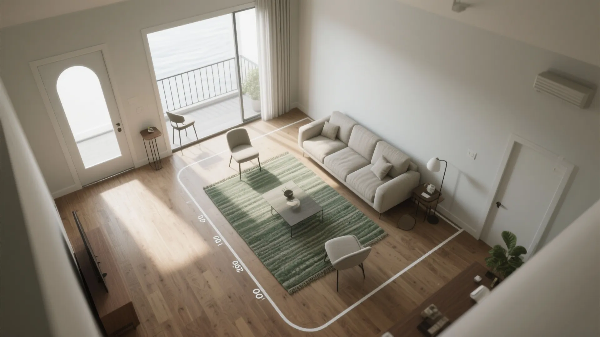Top view of living room with beige sofa green rug coffee table and balcony sliding doors