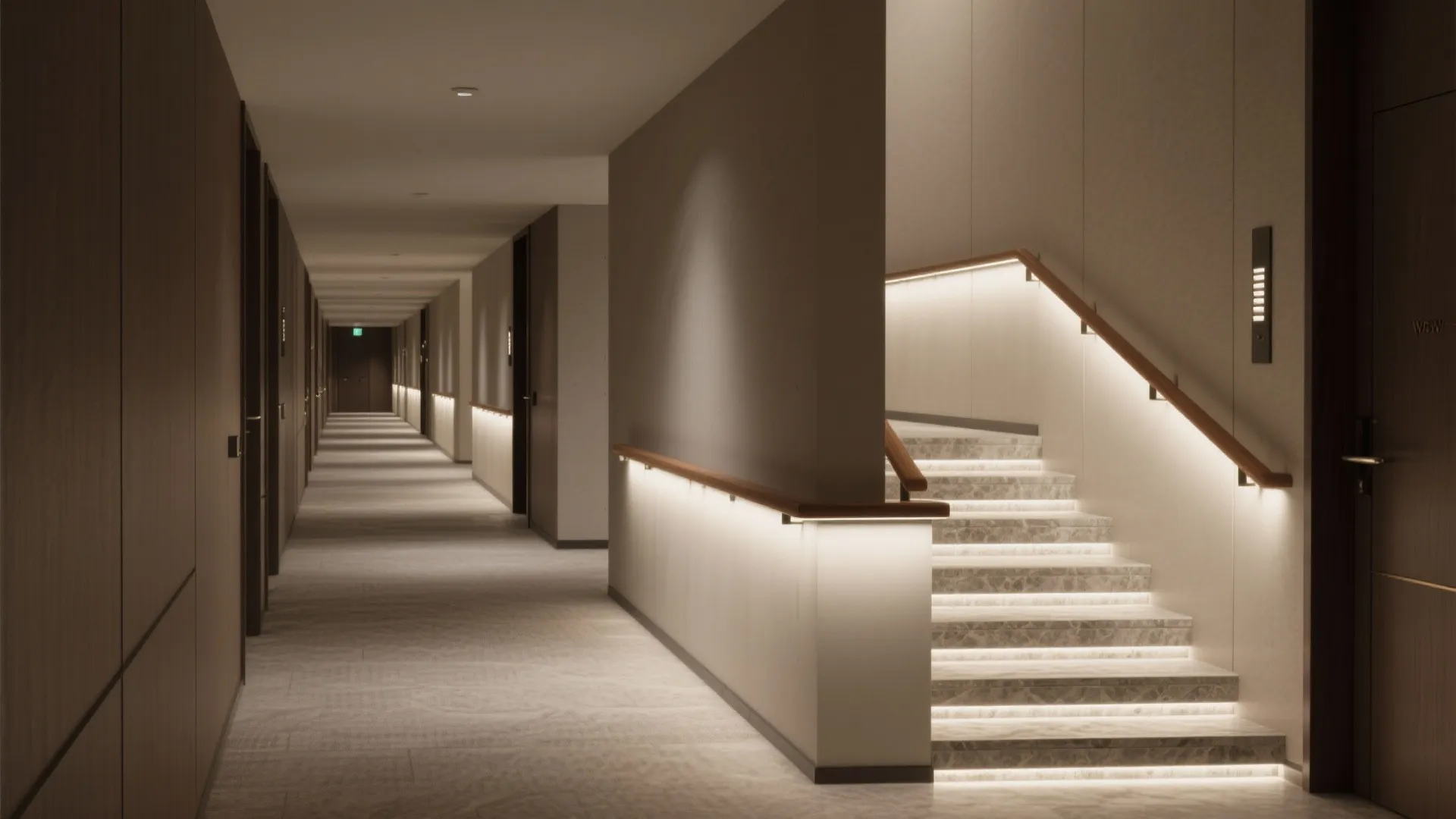 Staircase and corridor lit by recessed toe-kicks and linear LEDs guiding circulation safely.