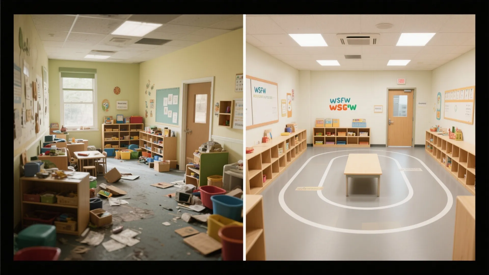 Before and after comparison of a messy classroom versus a clean organized room layout design