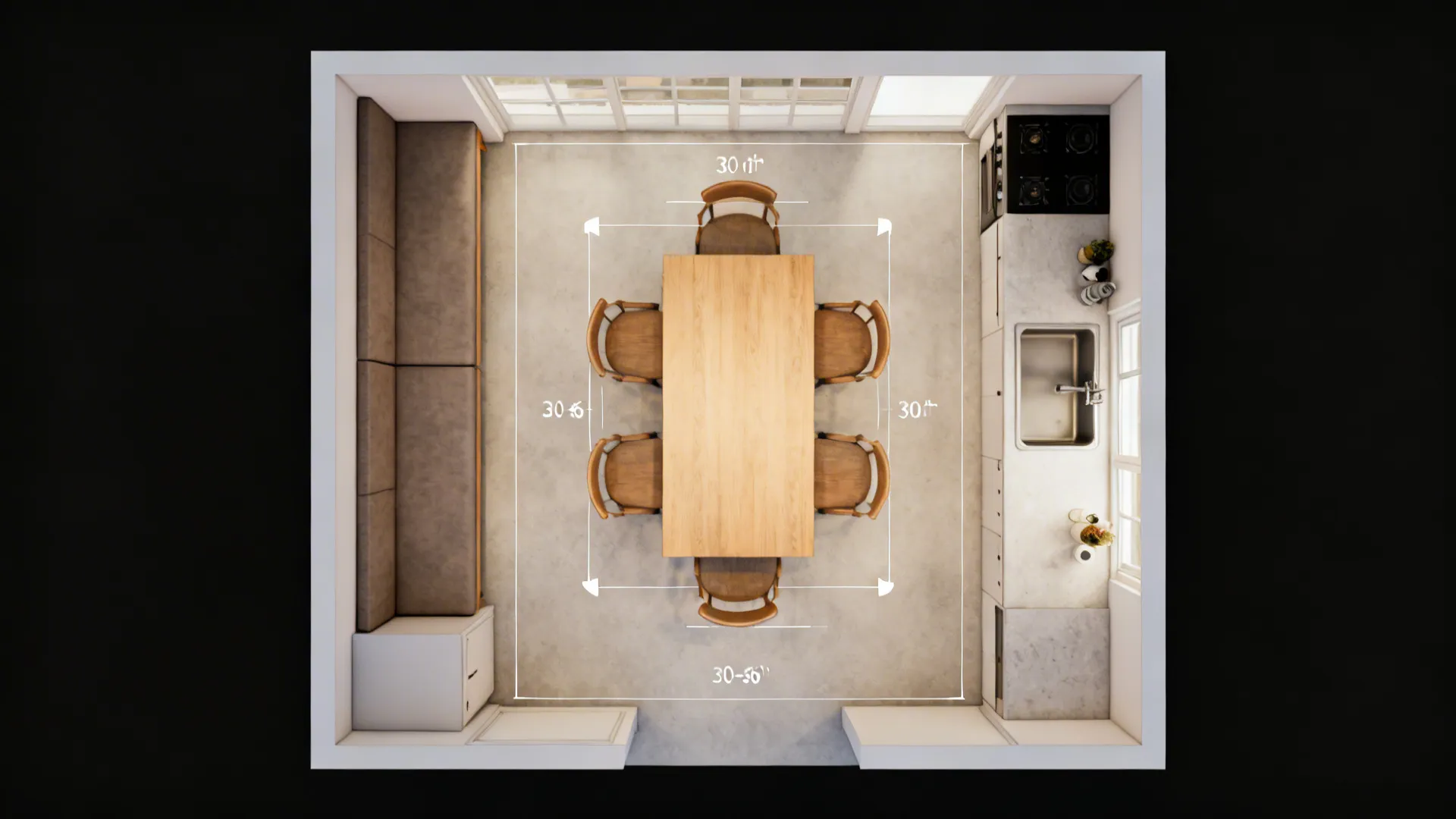 Top-down layout illustrating dining table clearances in a small kitchen.