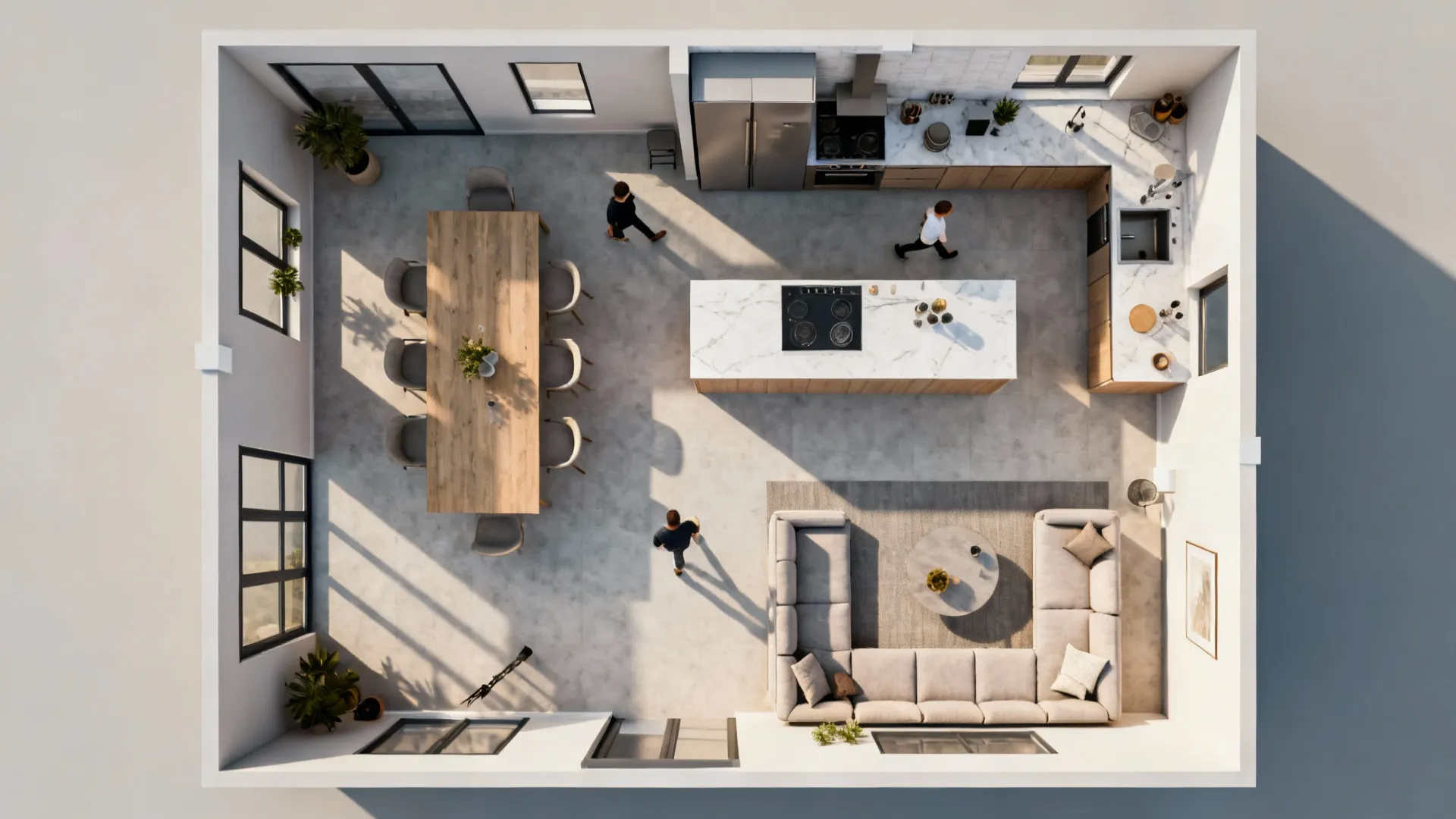 Top-down visualization of circulation paths and clearances for combined kitchen-living layouts.
