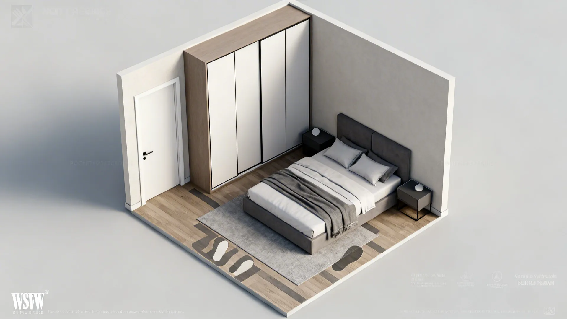 Top-down layout showing pocket door, bed-in-corner option, and clear circulation paths for a small room with a king bed.