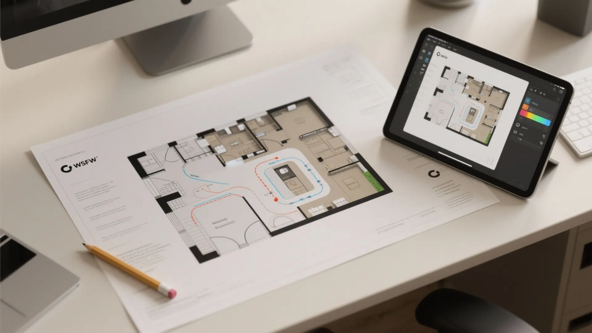 Interior design drawing on paper and tablet showing room layout with color coded path lines
